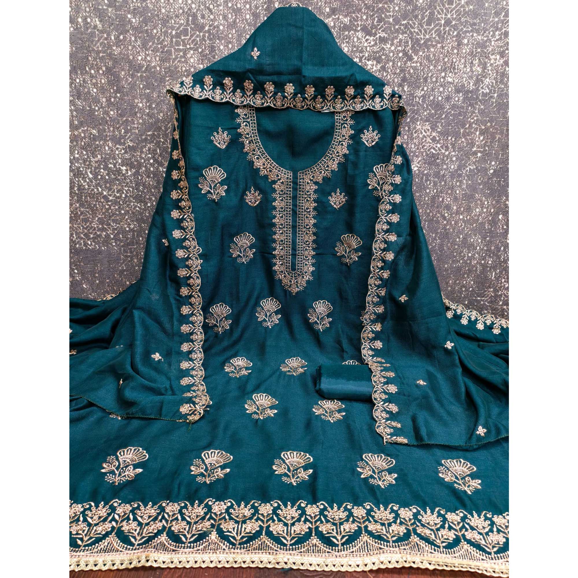 Teal Thread Embroidered Vichitra Silk Dress Material Perfect for Party & Festive Wear