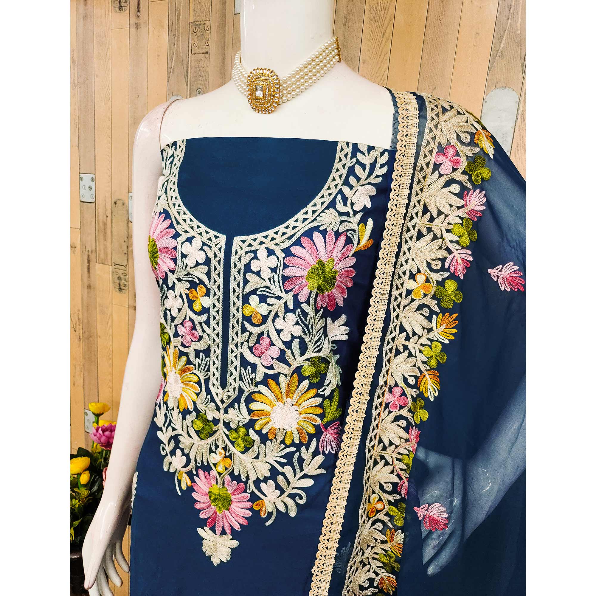 Elegant Blue Floral Thread Embroidered Rayon Dress Material