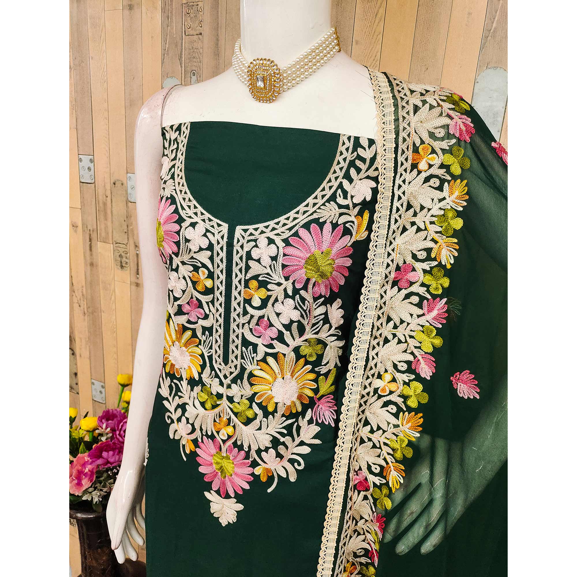 Elegant Green Floral Thread Embroidered Rayon Dress Material