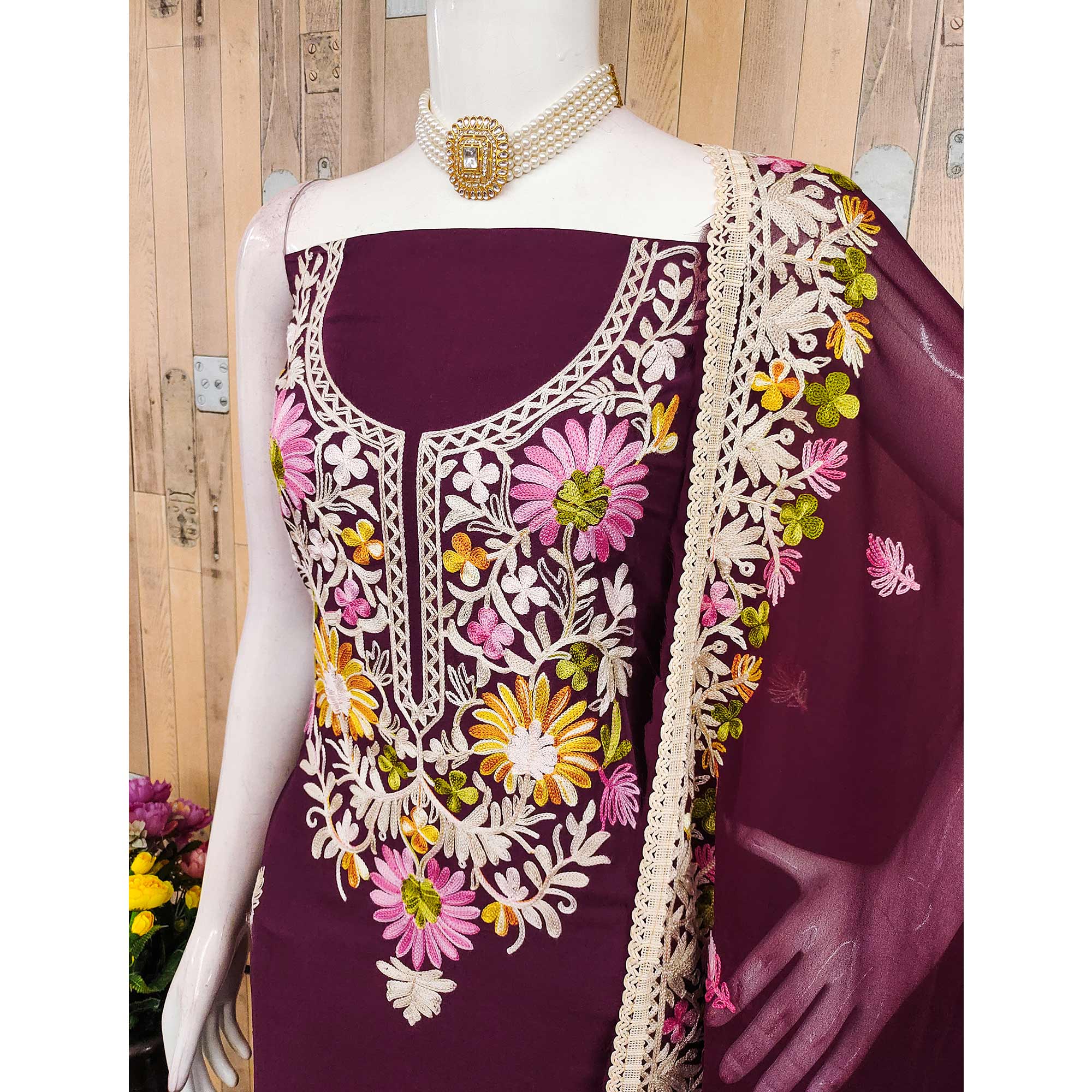 Elegant Wine Floral Thread Embroidered Rayon Dress Material
