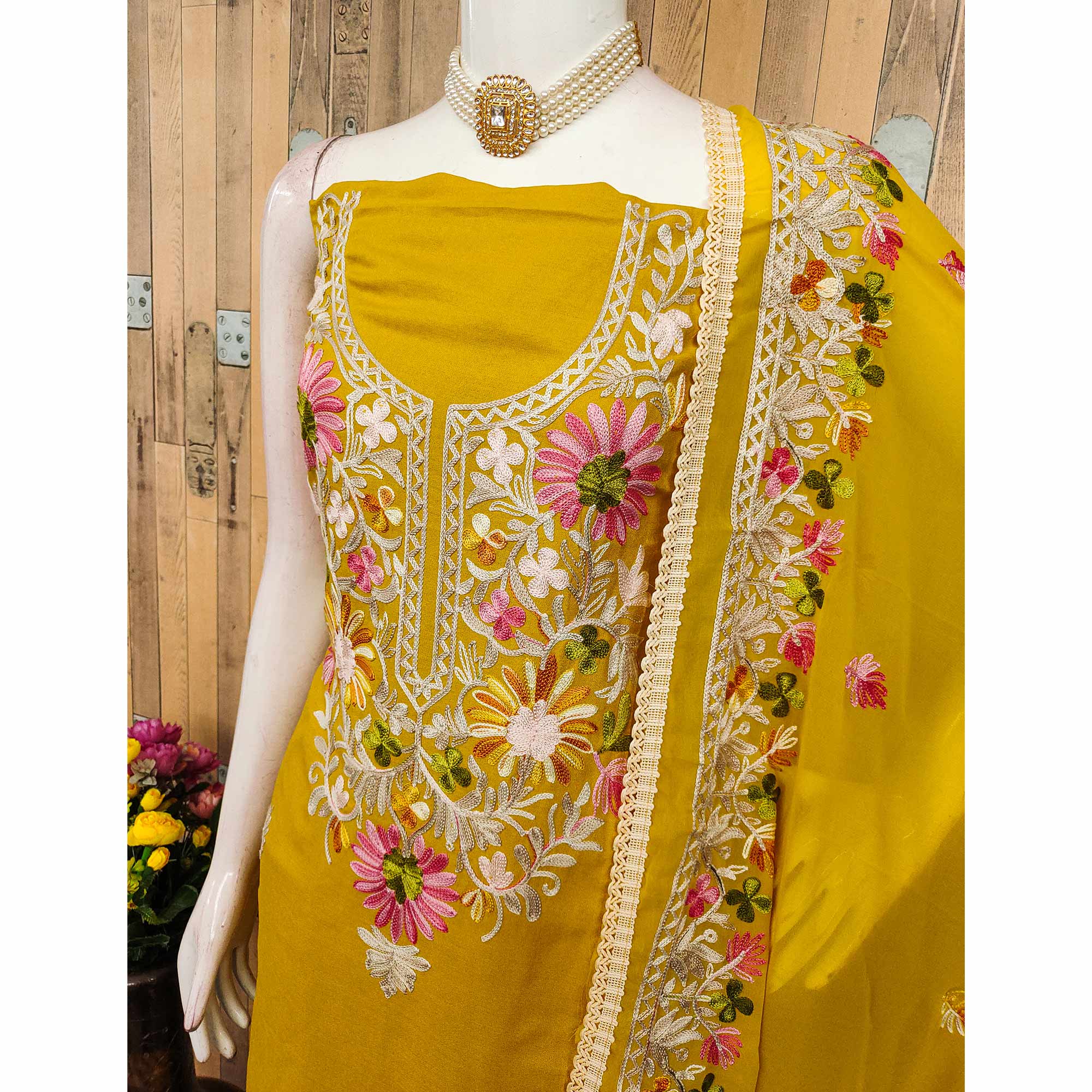 Elegant Yellow Floral Thread Embroidered Rayon Dress Material