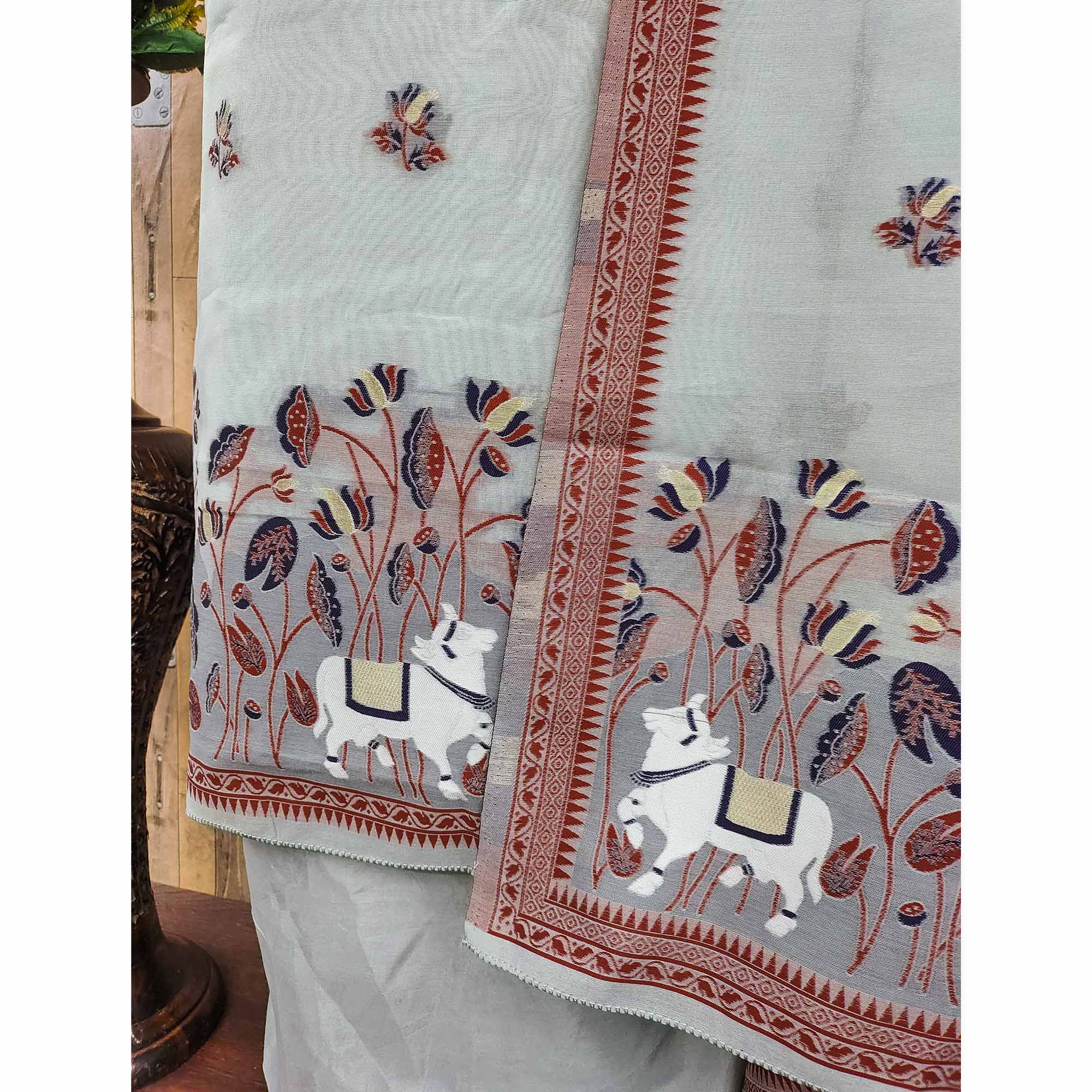 Premium Grey Chanderi Silk Weaving Dress Material With Artistic Floral & Animal Motifs