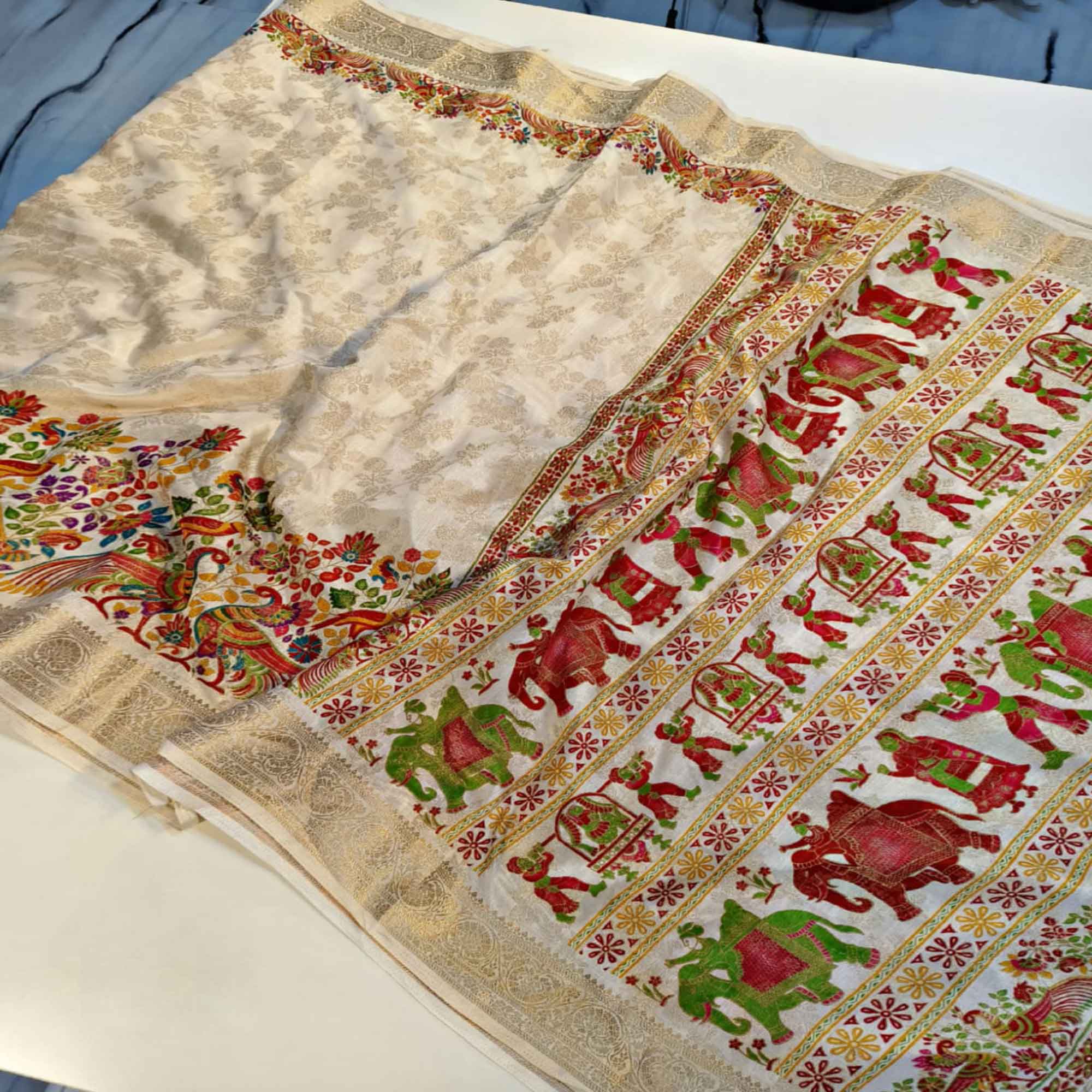 Off white Dola Silk Fabric with Multicolor Peacock & Floral Weaving