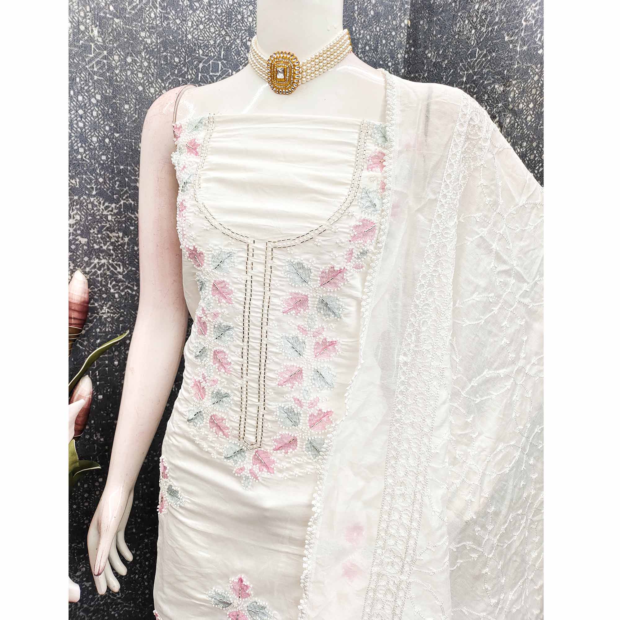 Festive White Chanderi Silk Dress Material with Exquisite Embroidery and Beads Highlights
