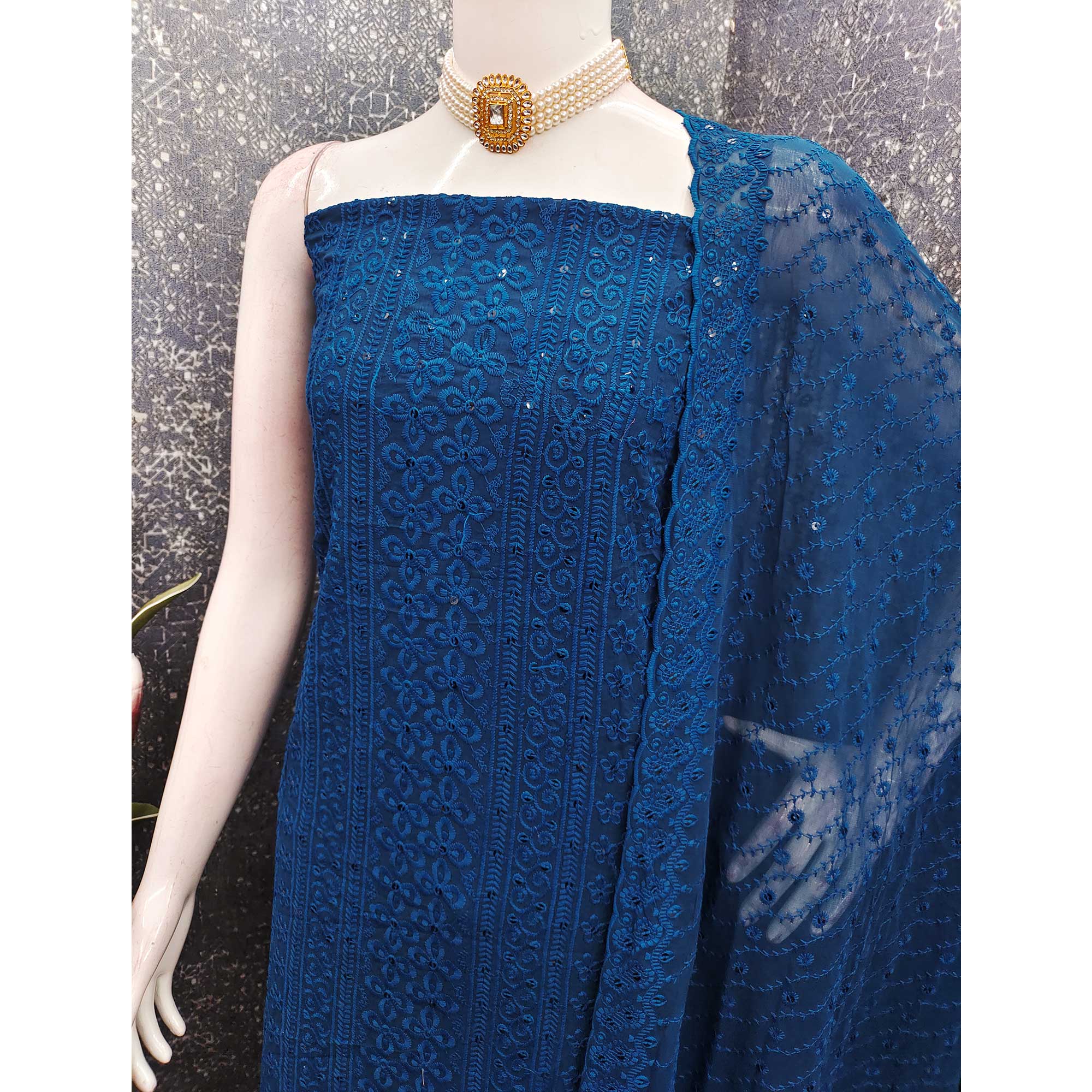 Lightweight Blue Georgette Dress Material Adorned with Beautiful Floral Embroidery