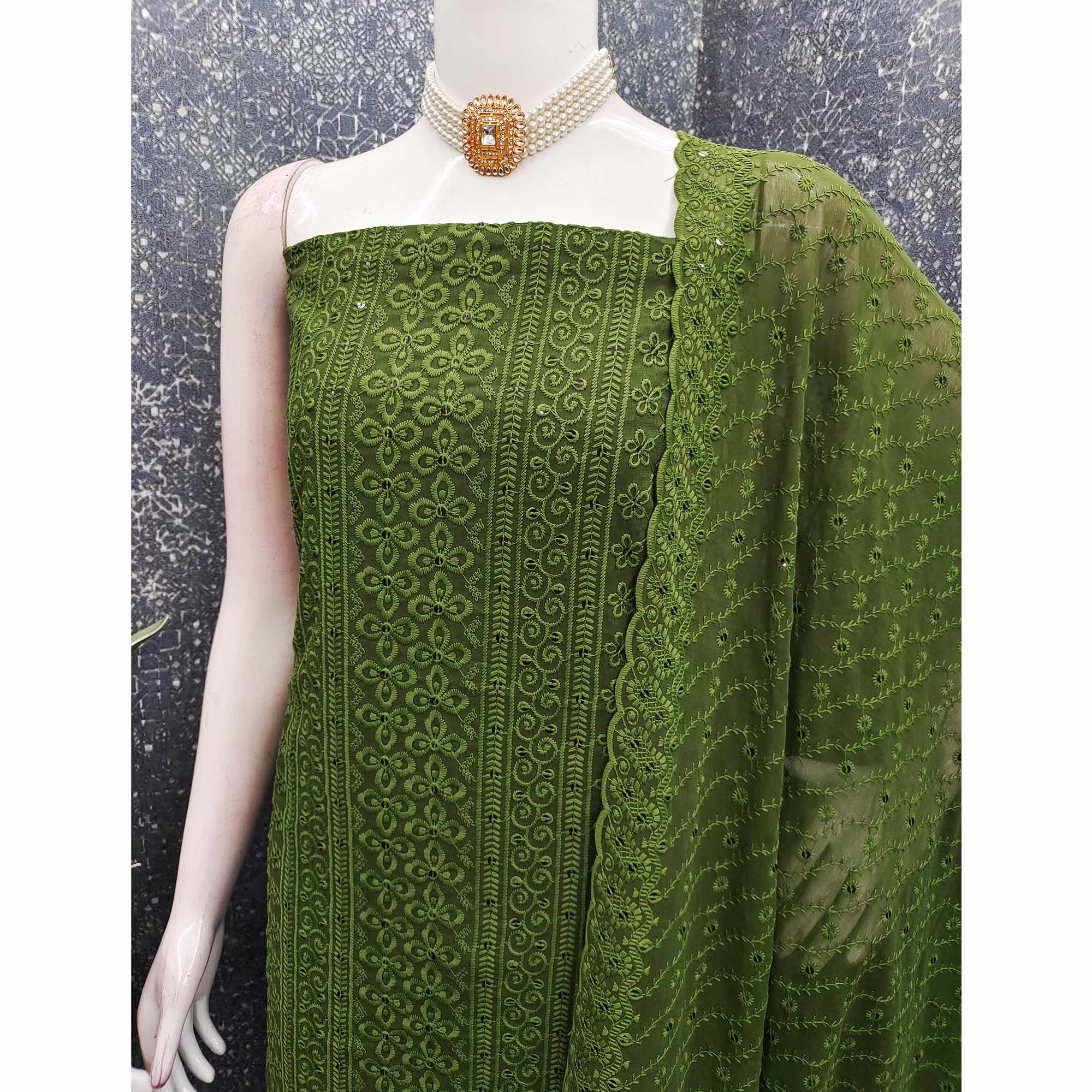 Lightweight Green Georgette Dress Material Adorned with Beautiful Floral Embroidery