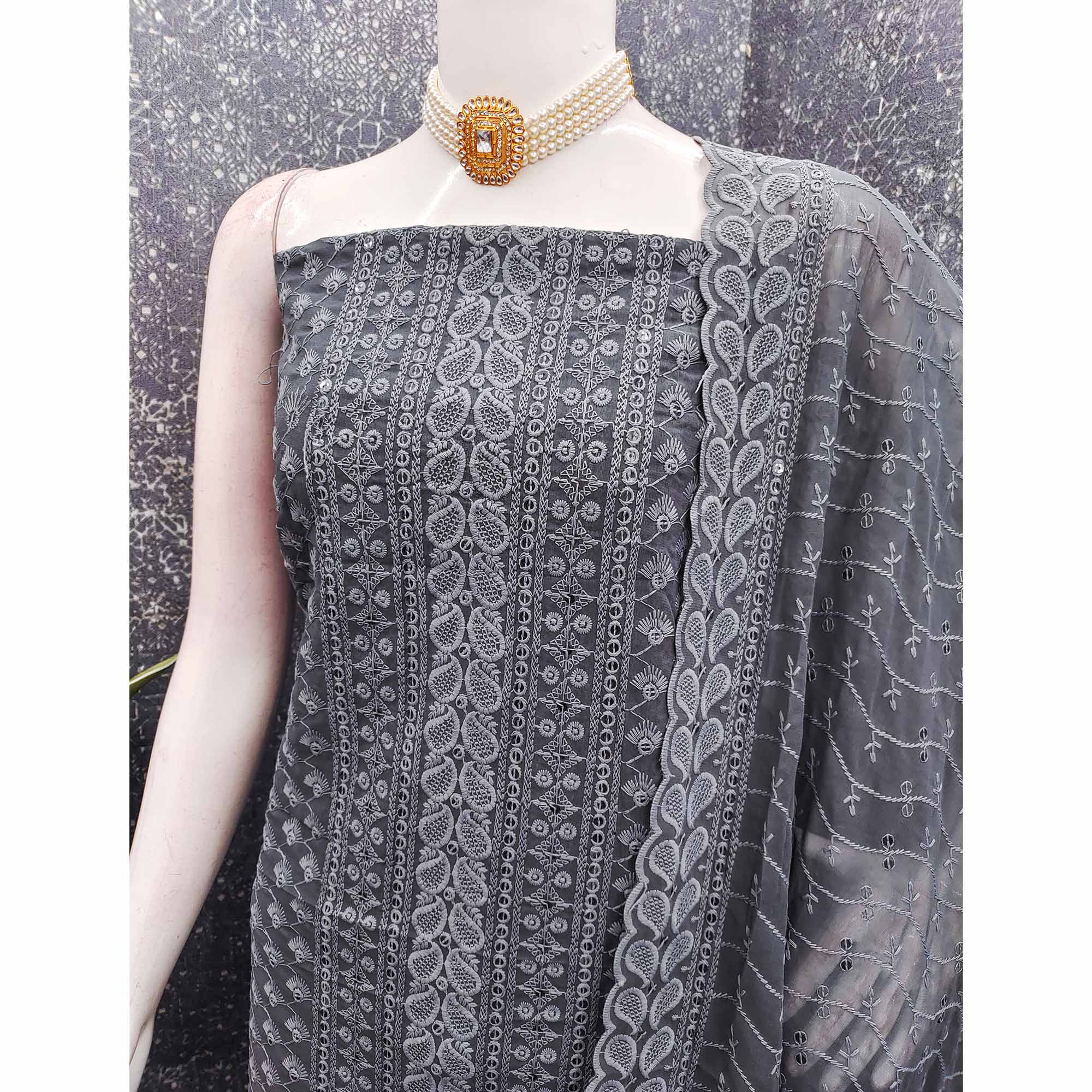 Lightweight Grey Georgette Dress Material Adorned with Beautiful Floral Embroidery