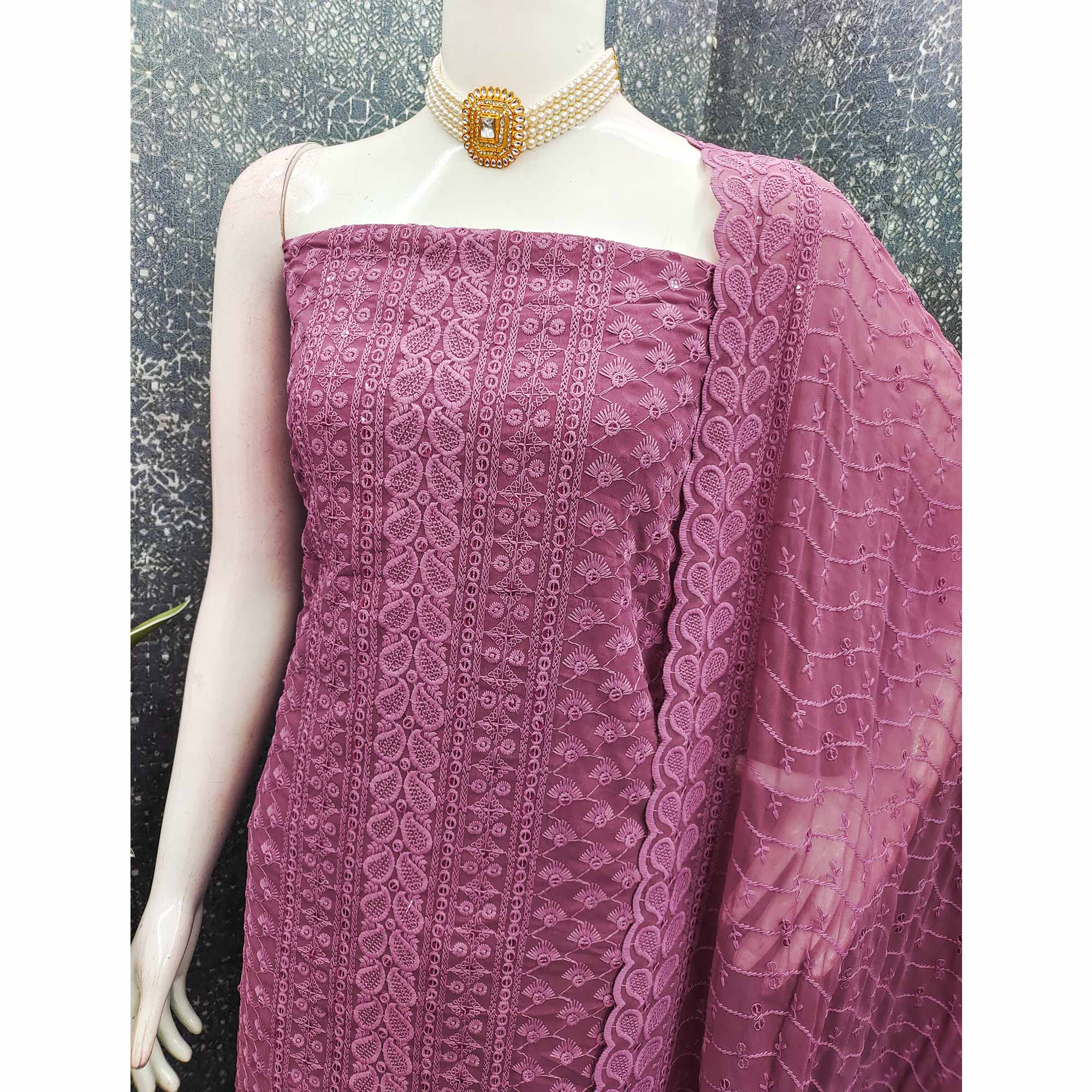 Lightweight Mauve Georgette Dress Material Adorned with Beautiful Floral Embroidery