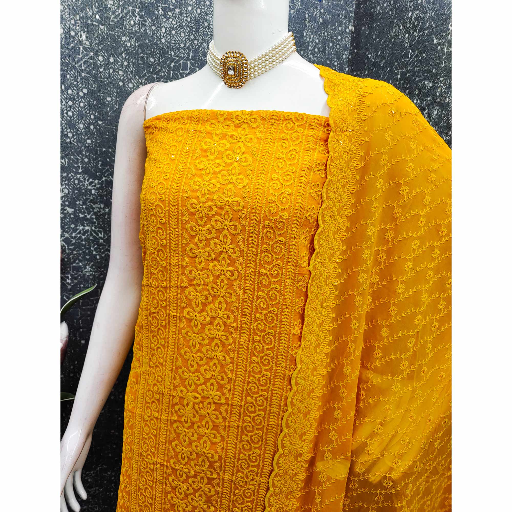 Lightweight Mustard Georgette Dress Material Adorned with Beautiful Floral Embroidery