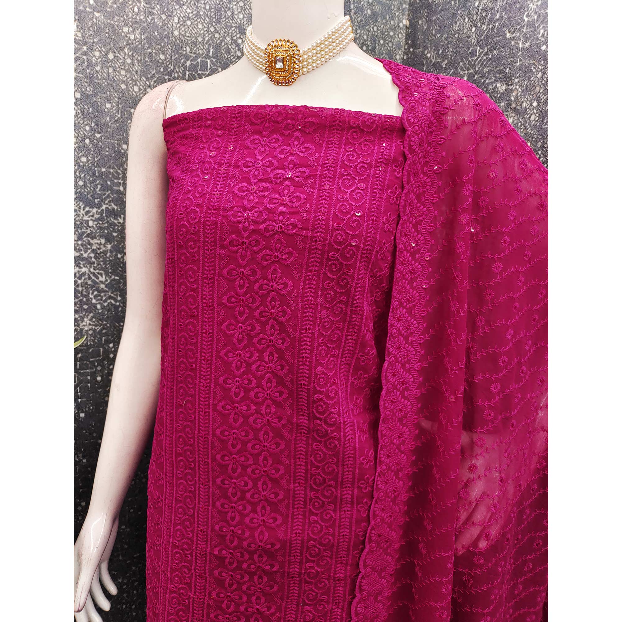 Lightweight Pink Georgette Dress Material Adorned with Beautiful Floral Embroidery