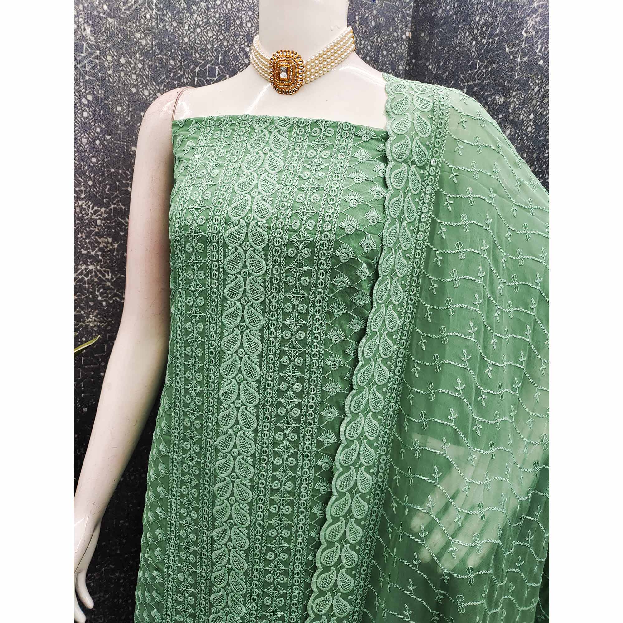 Lightweight Pista Green Georgette Dress Material Adorned with Beautiful Floral Embroidery