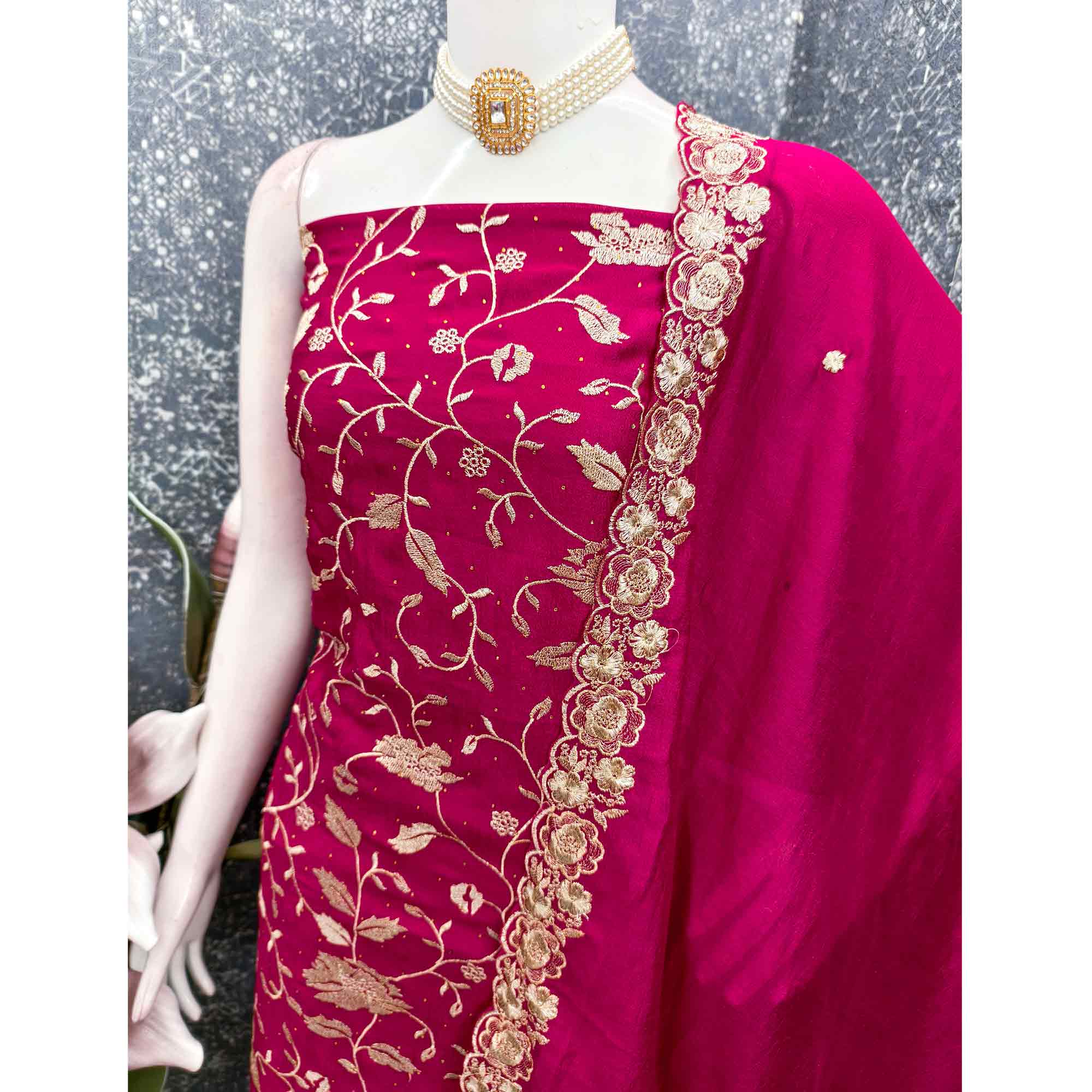 Rani Pink Vichitra Silk Dress Material With Delicate Floral Embroidery & Sparkling Stone Accents