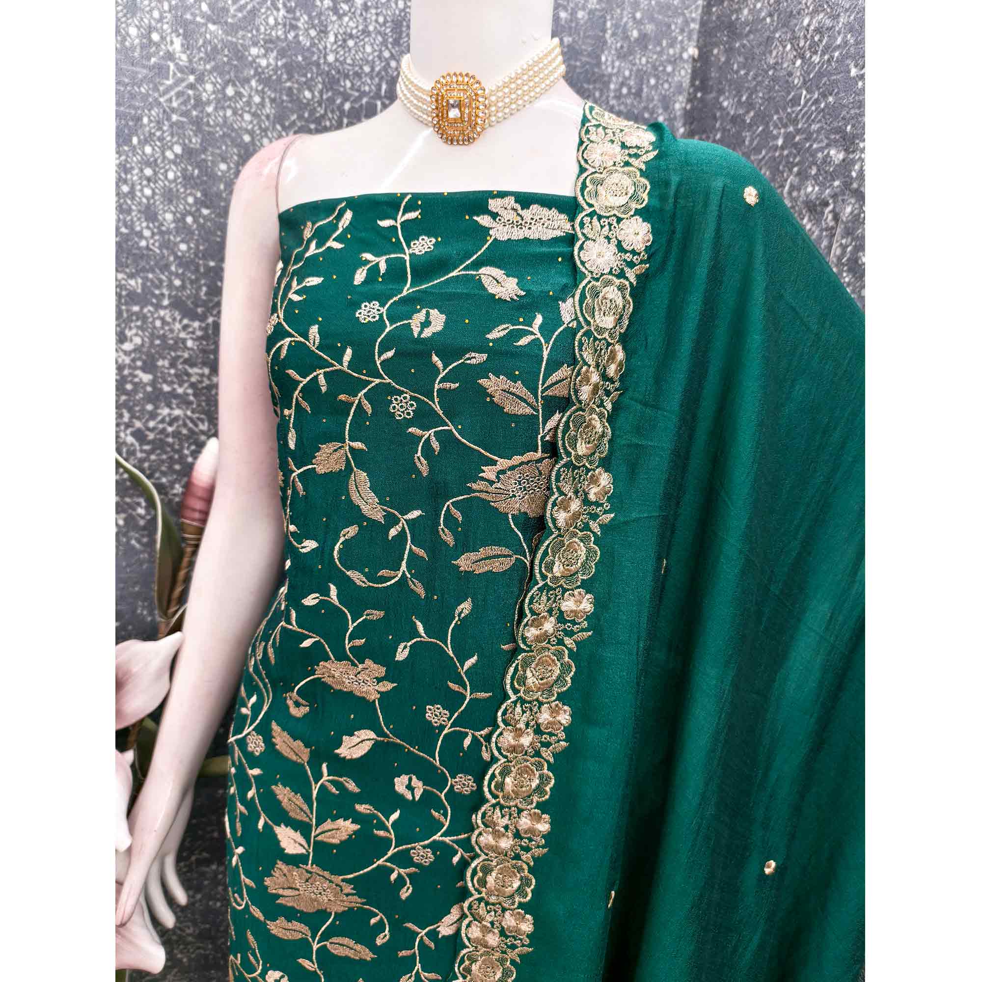 Teal Green Vichitra Silk Dress Material With Delicate Floral Embroidery & Sparkling Stone Accents