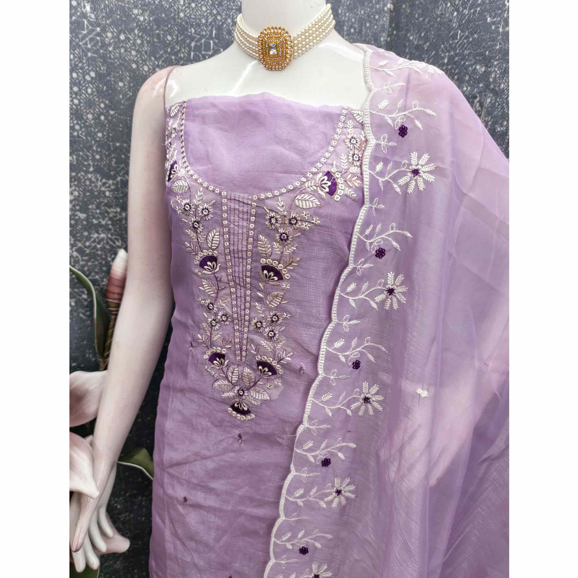 Lavender Art Silk Dress Material With Graceful Floral Thread Embroidery & Sparkling Sequins
