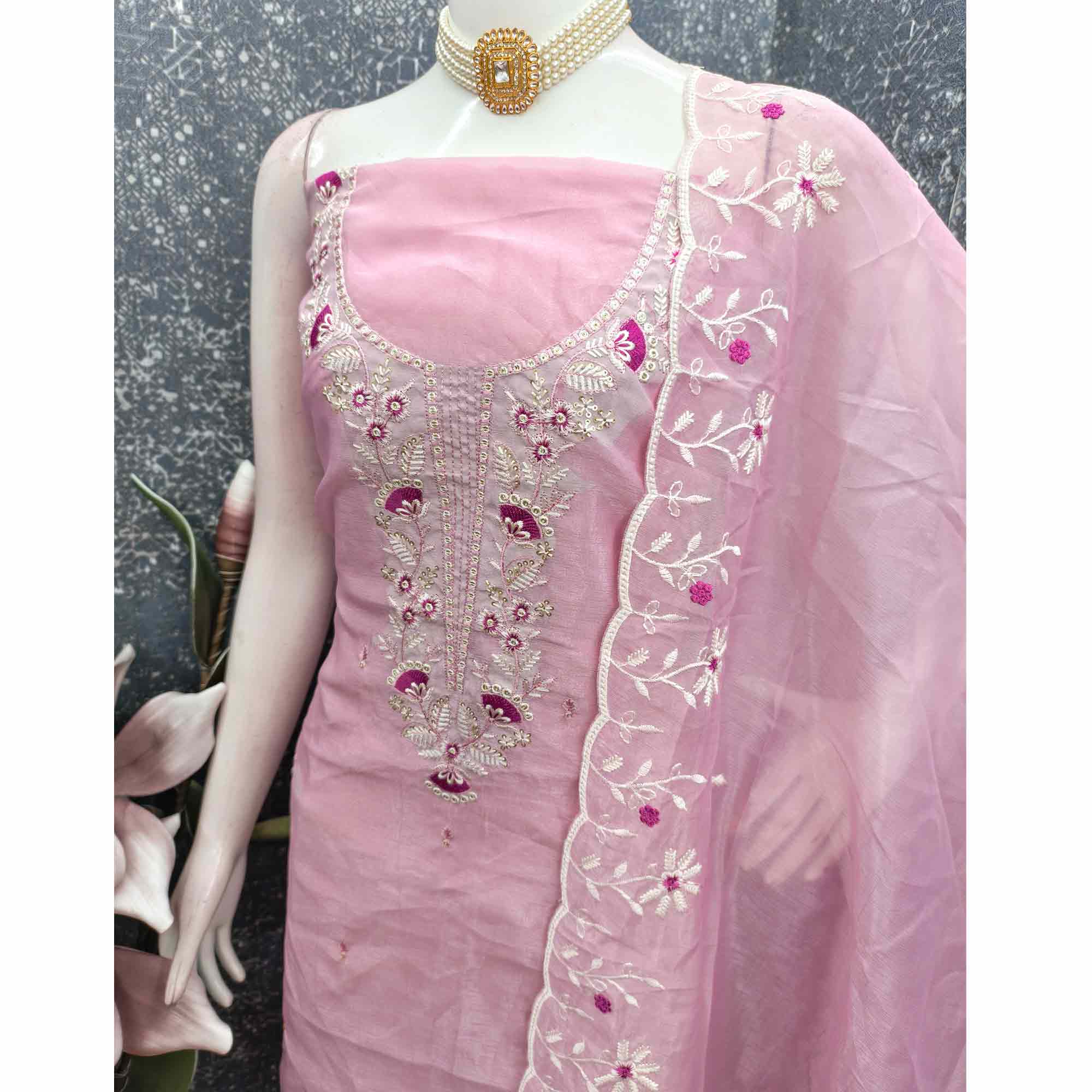 Pink Art Silk Dress Material With Graceful Floral Thread Embroidery & Sparkling Sequins