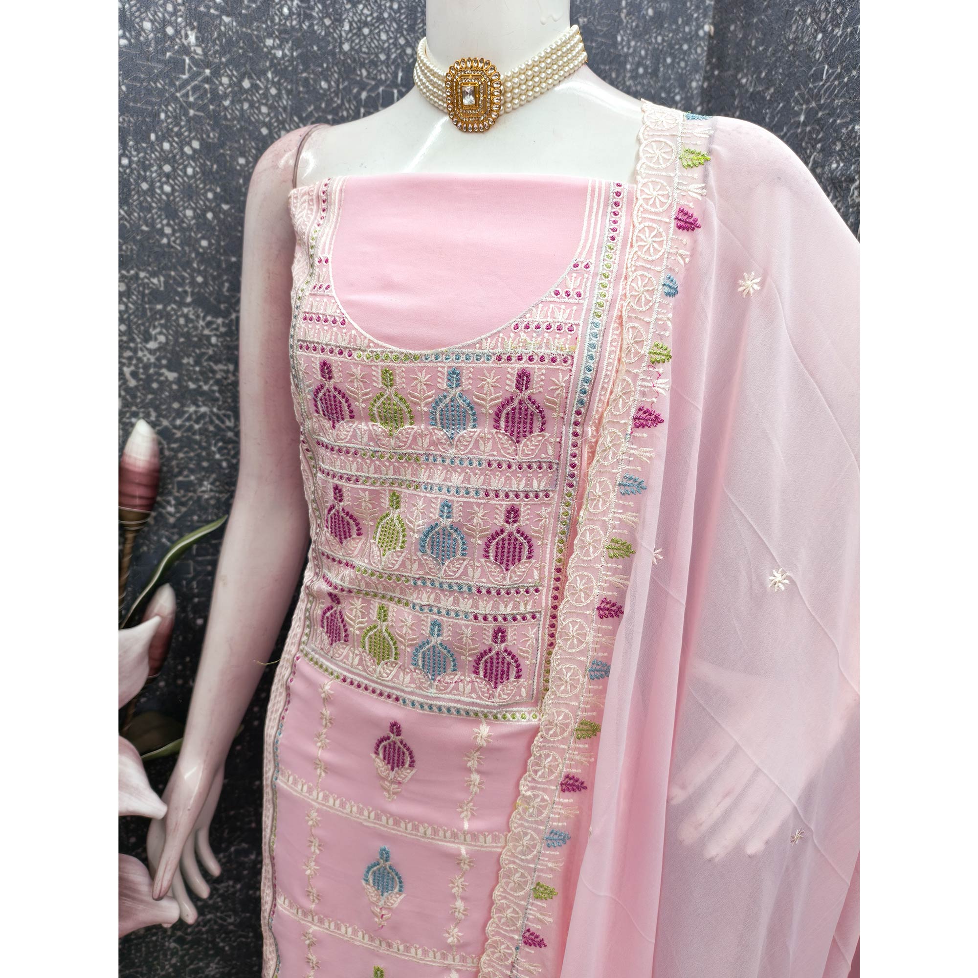 Sophisticated Pink Georgette Dress Material Accented With Ornate Floral Thread Embroidery