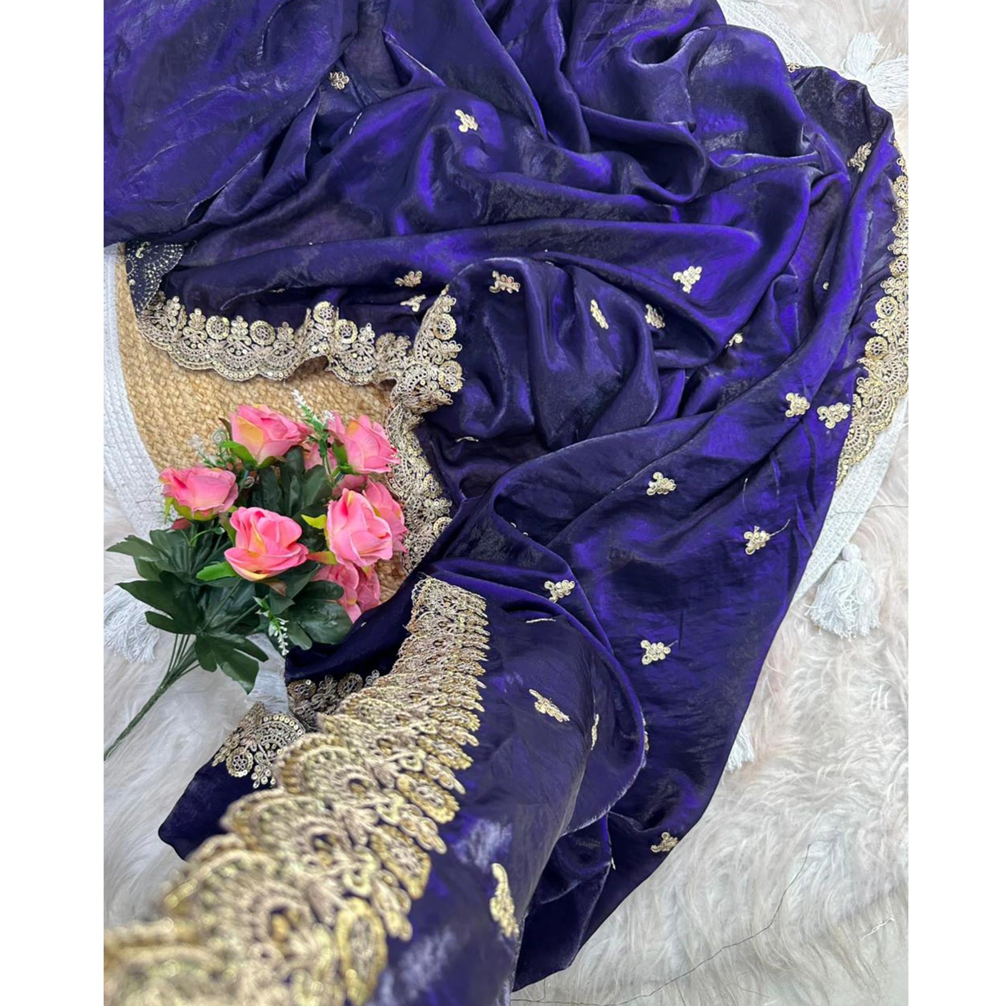 Trendy Dark Blue Fancy Satin Saree Enhanced with Rich Golden Embroidered Design