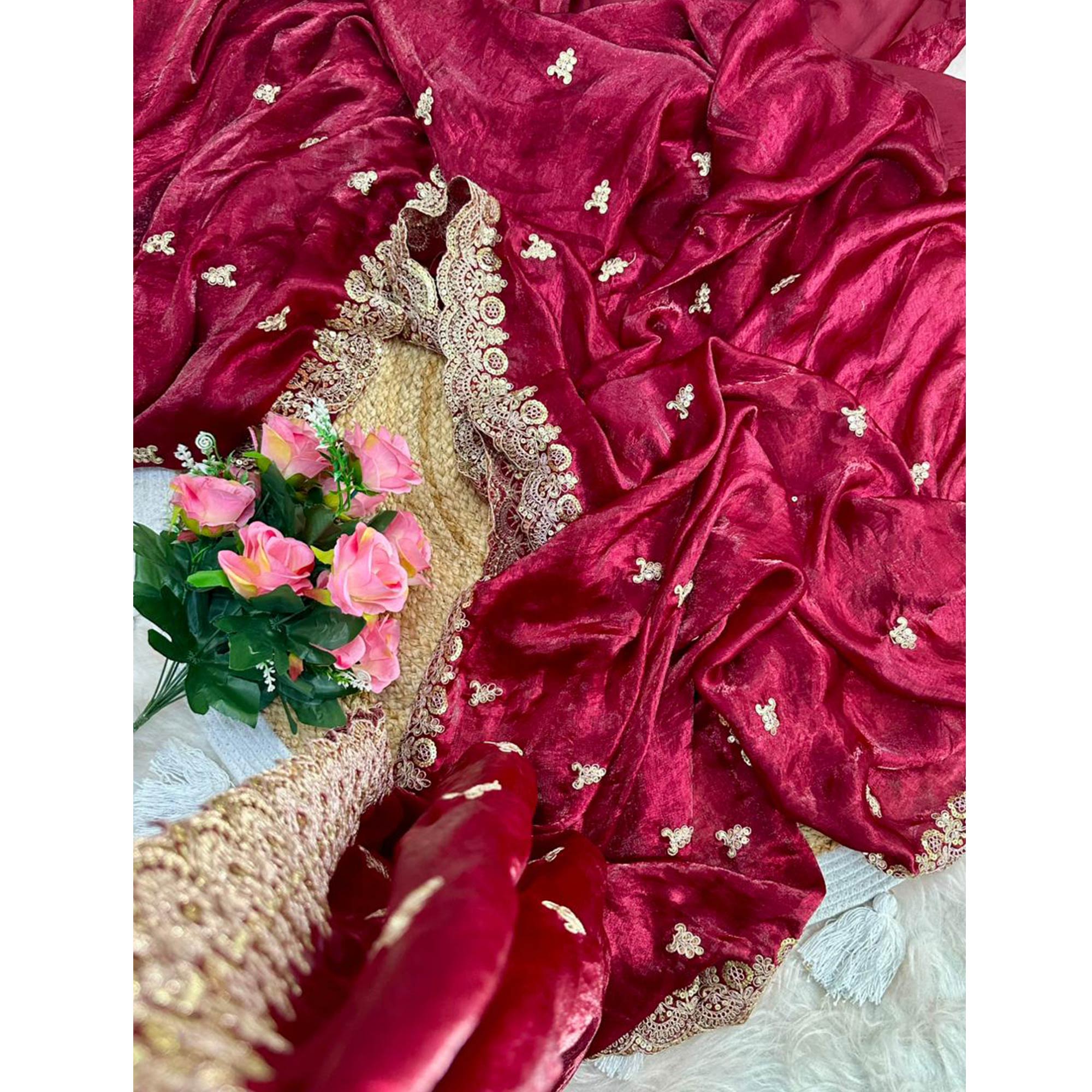 Trendy Maroon Fancy Satin Saree Enhanced with Rich Golden Embroidered Design