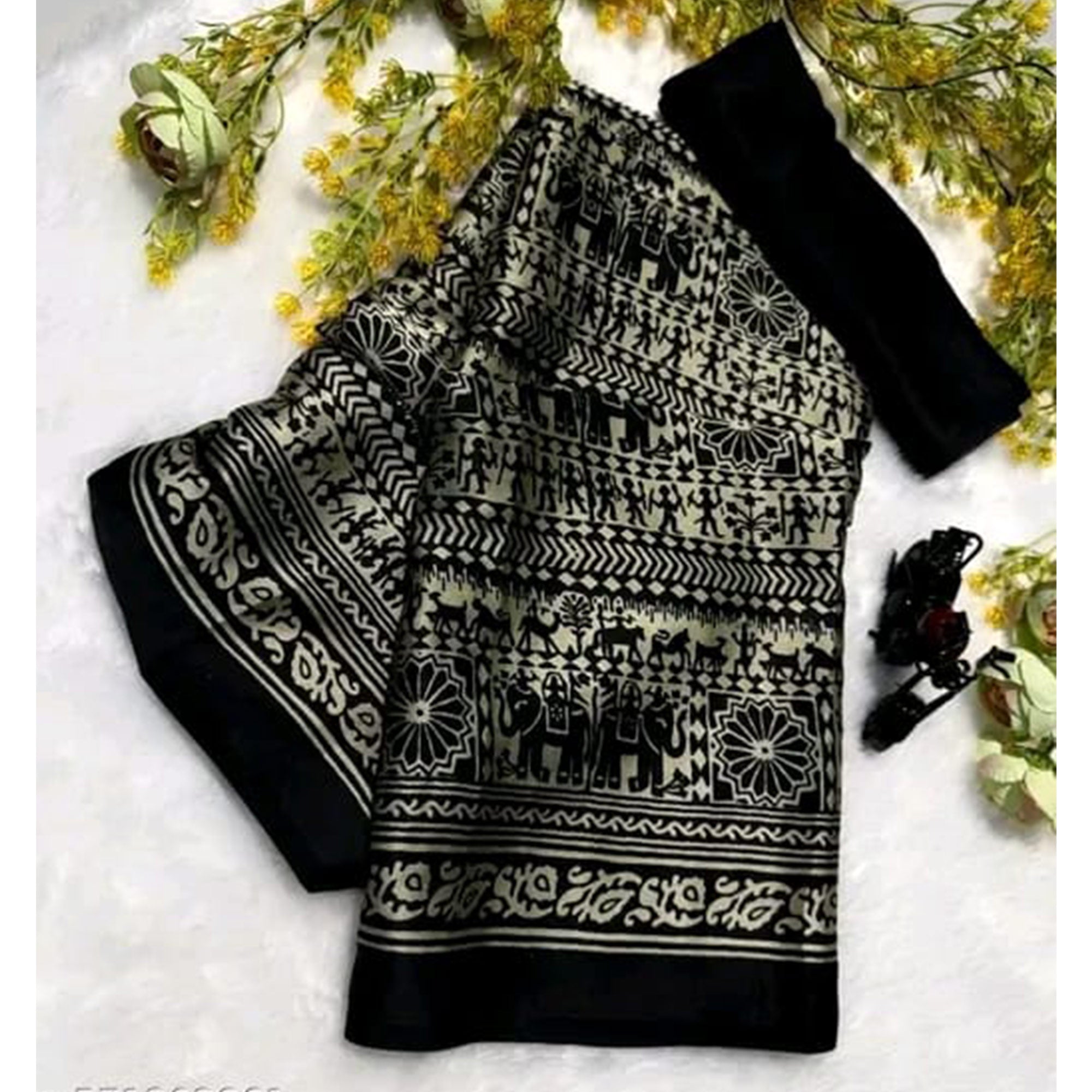 Stylish Grey & Black Printed Crepe Saree Perfect for Party Looks