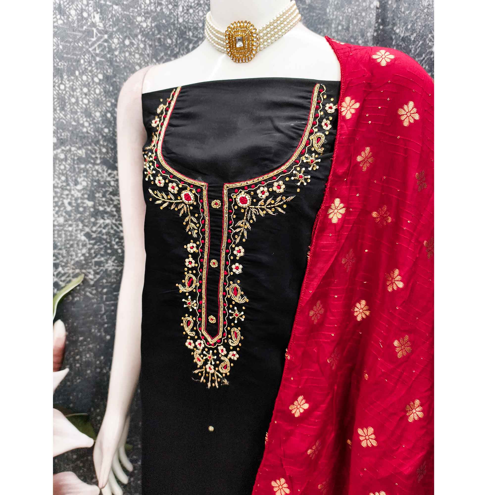 Black Chanderi Silk Dress Material Featuring Intricate Beads & Stone Embroidery
