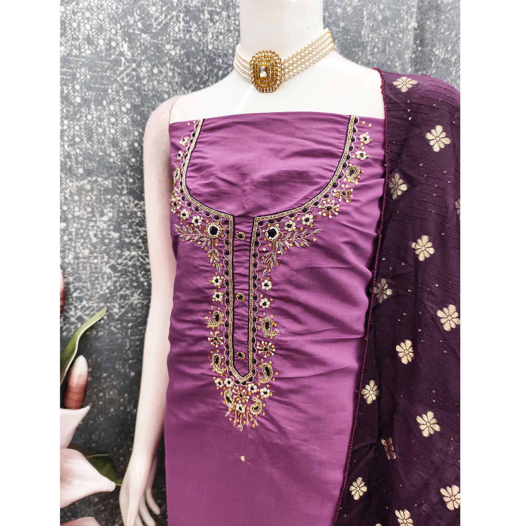 Light Purple Chanderi Silk Dress Material Featuring Intricate Beads & Stone Embroidery