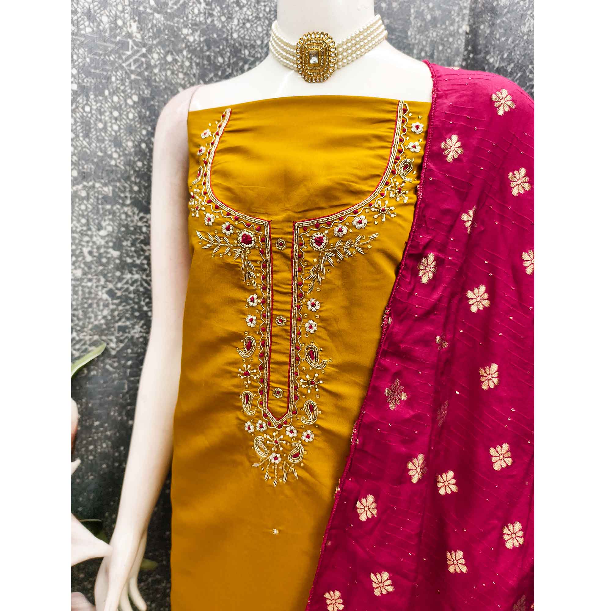 Mustard Chanderi Silk Dress Material Featuring Intricate Beads & Stone Embroidery