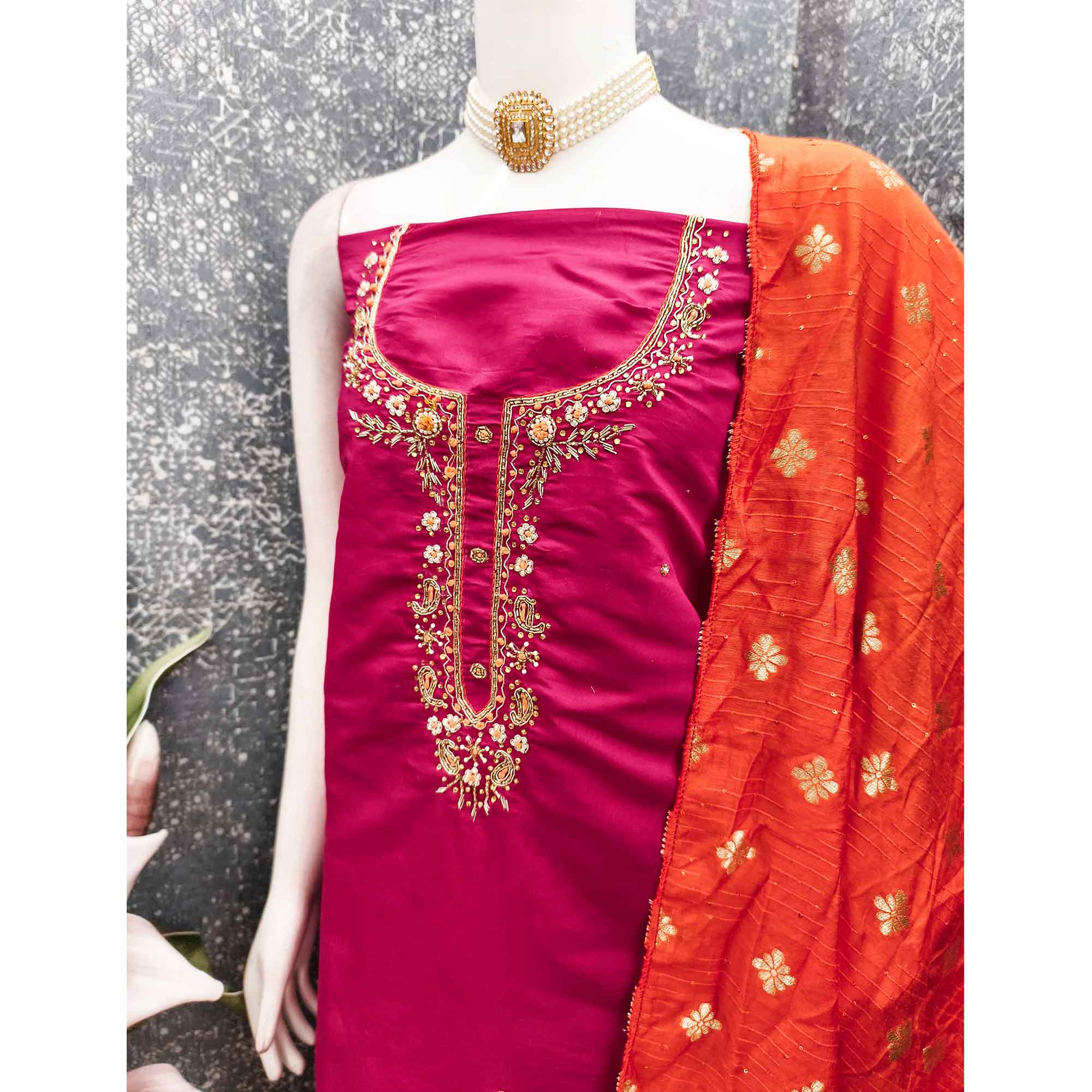 Pink Chanderi Silk Dress Material Featuring Intricate Beads & Stone Embroidery