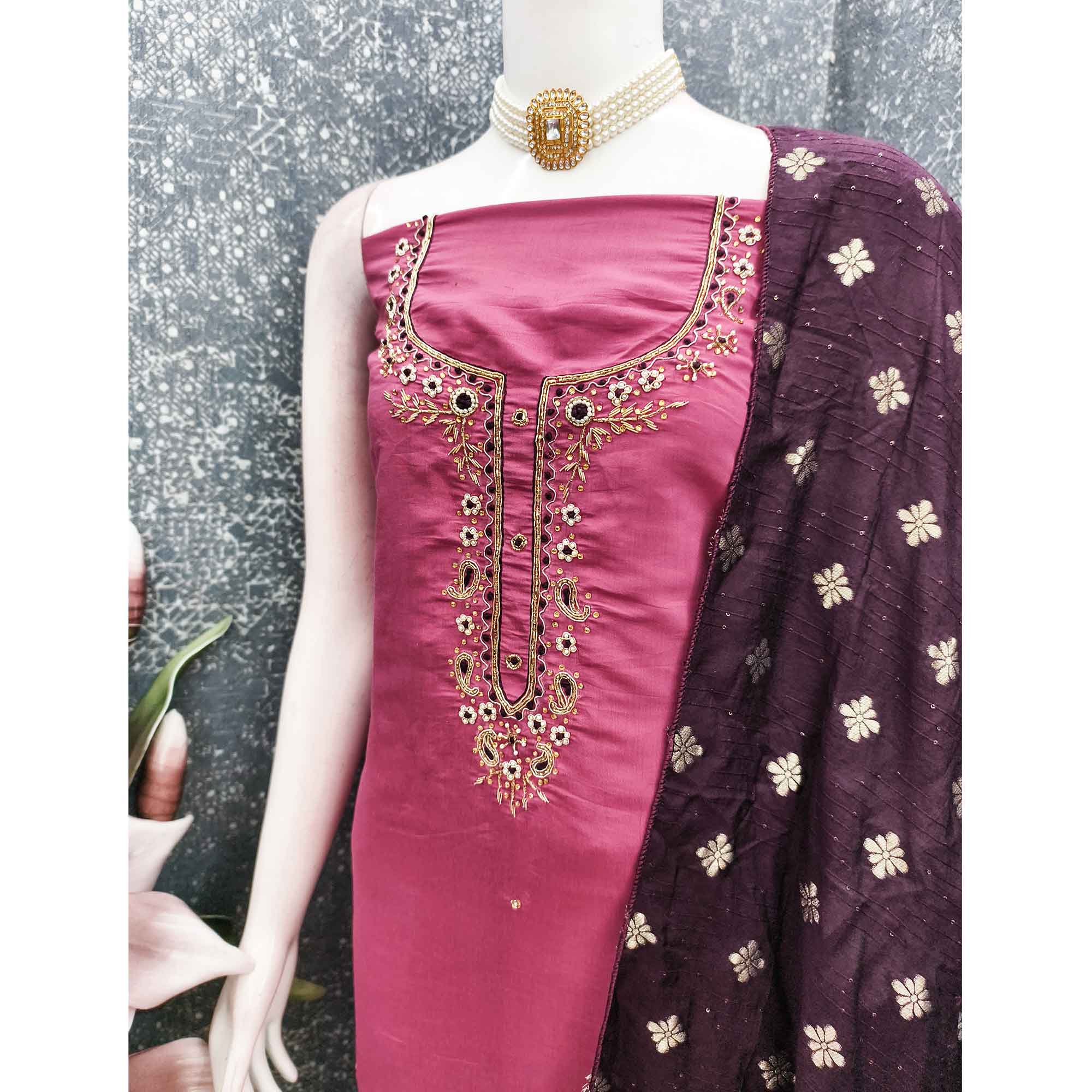 Rose Pink Chanderi Silk Dress Material Featuring Intricate Beads & Stone Embroidery