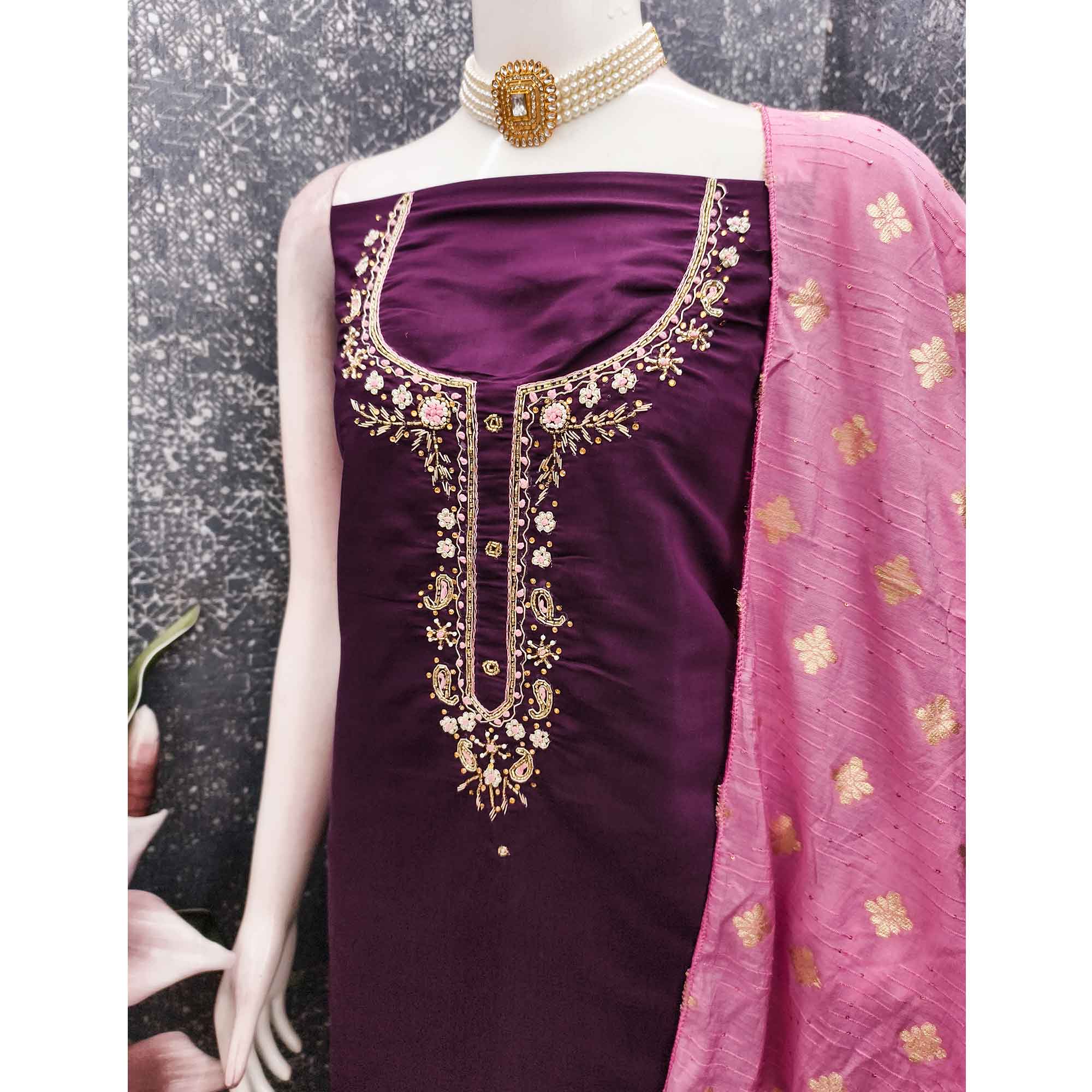 Wine Chanderi Silk Dress Material Featuring Intricate Beads & Stone Embroidery