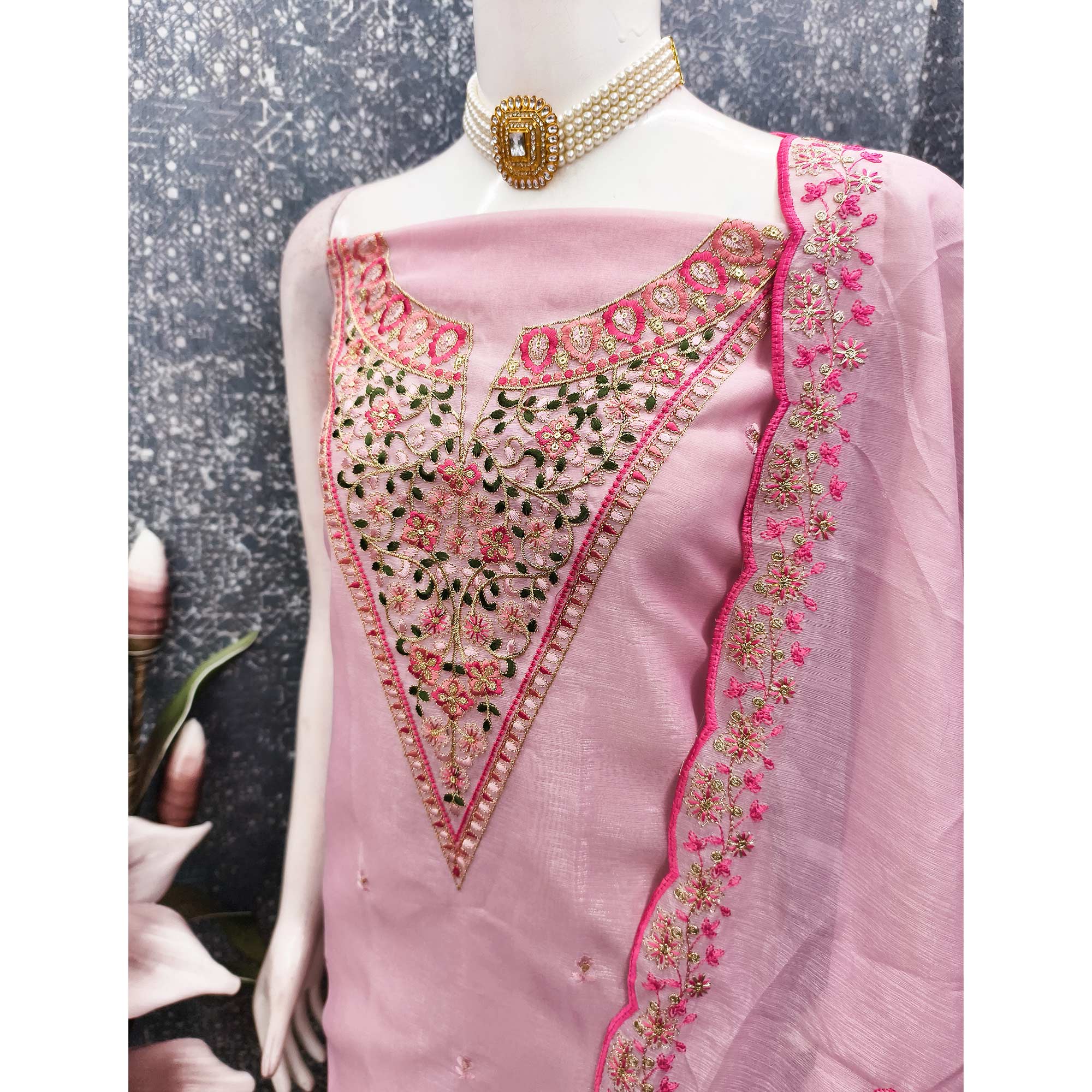 Vibrant Pink Art Silk Dress Fabric with Timeless Golden Thread Embellishment
