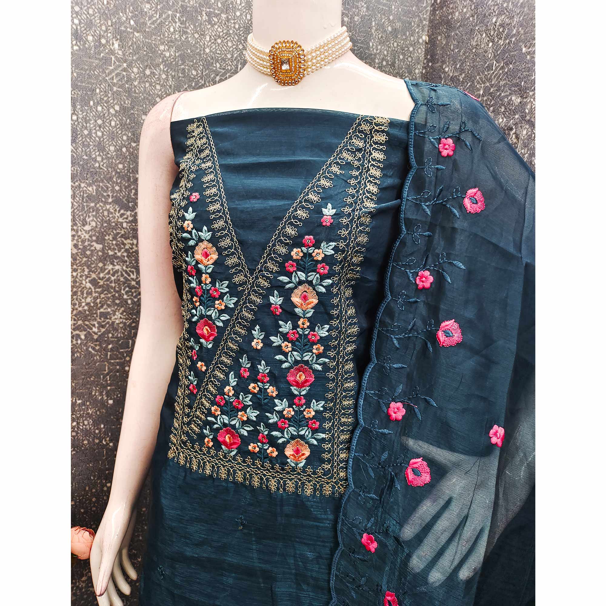 Majestic Bloom Blue Art Silk Dress Material With Exquisite Floral & Sequins Detailing