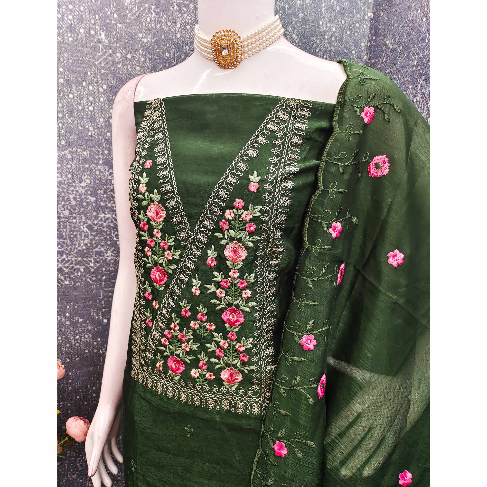 Majestic Bloom Green Art Silk Dress Material With Exquisite Floral & Sequins Detailing