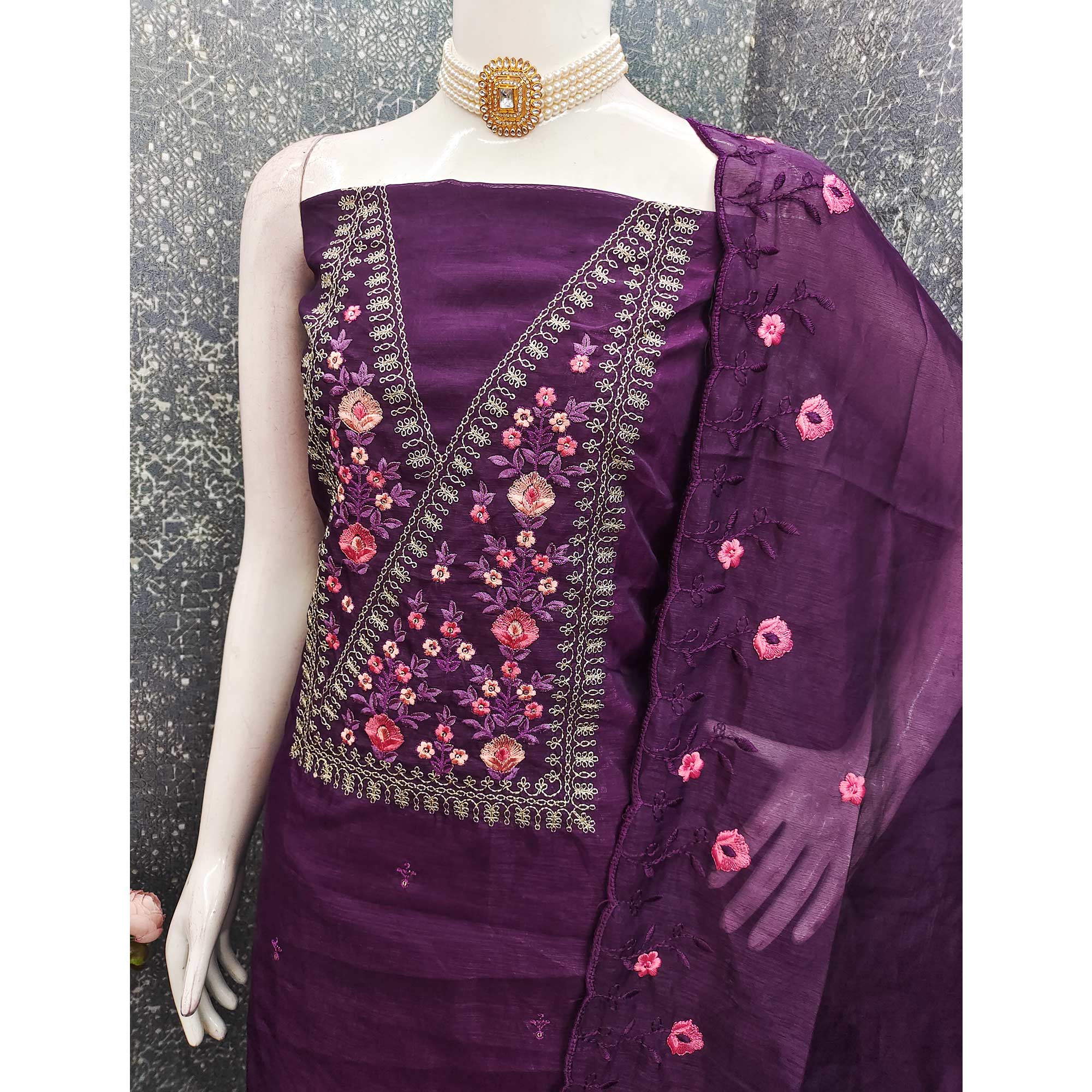 Majestic Bloom Purple Art Silk Dress Material With Exquisite Floral & Sequins Detailing