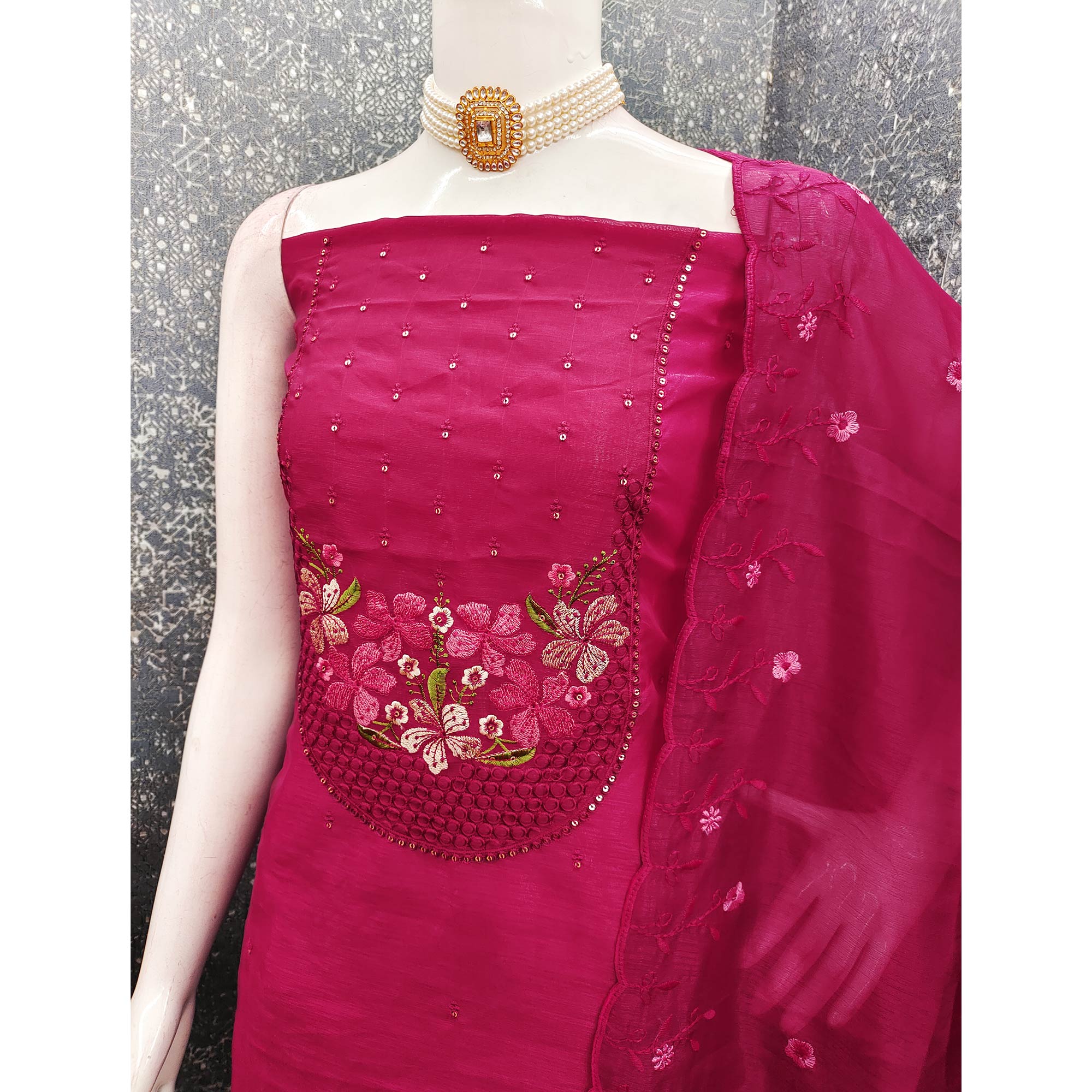 Ethereal Grace Pink Floral Embroidered & Sequins Enhanced Art Silk Dress Material