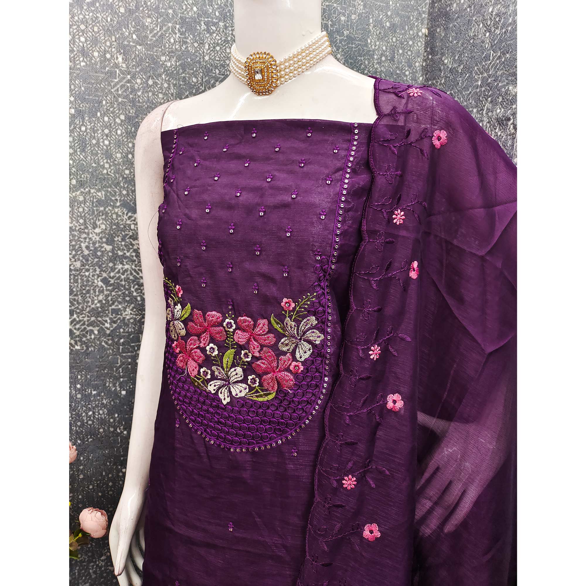 Ethereal Grace Purple Floral Embroidered & Sequins Enhanced Art Silk Dress Material