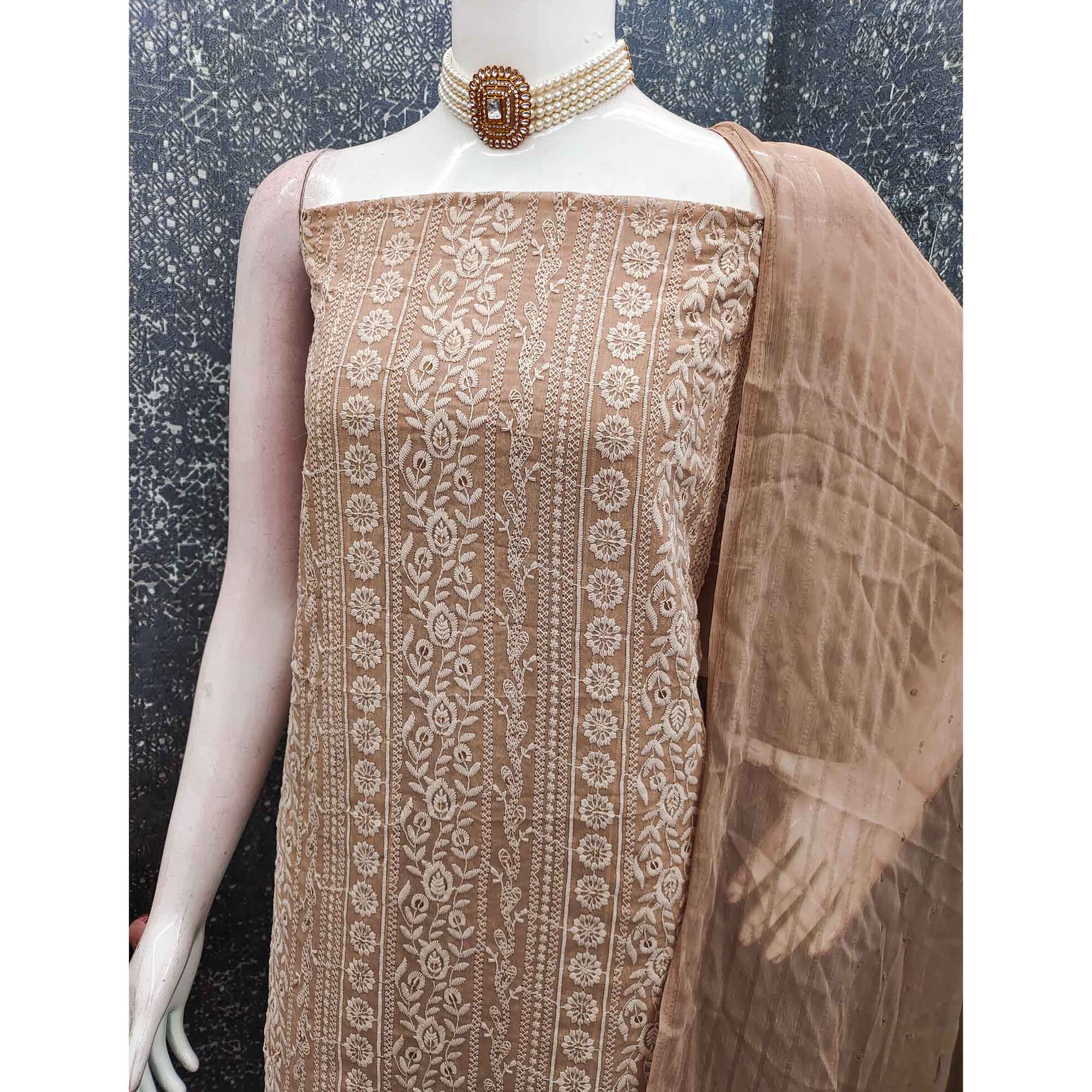 Stunning Brown Floral Embroidery With Sparkling Sequins Work Georgette Dress Material