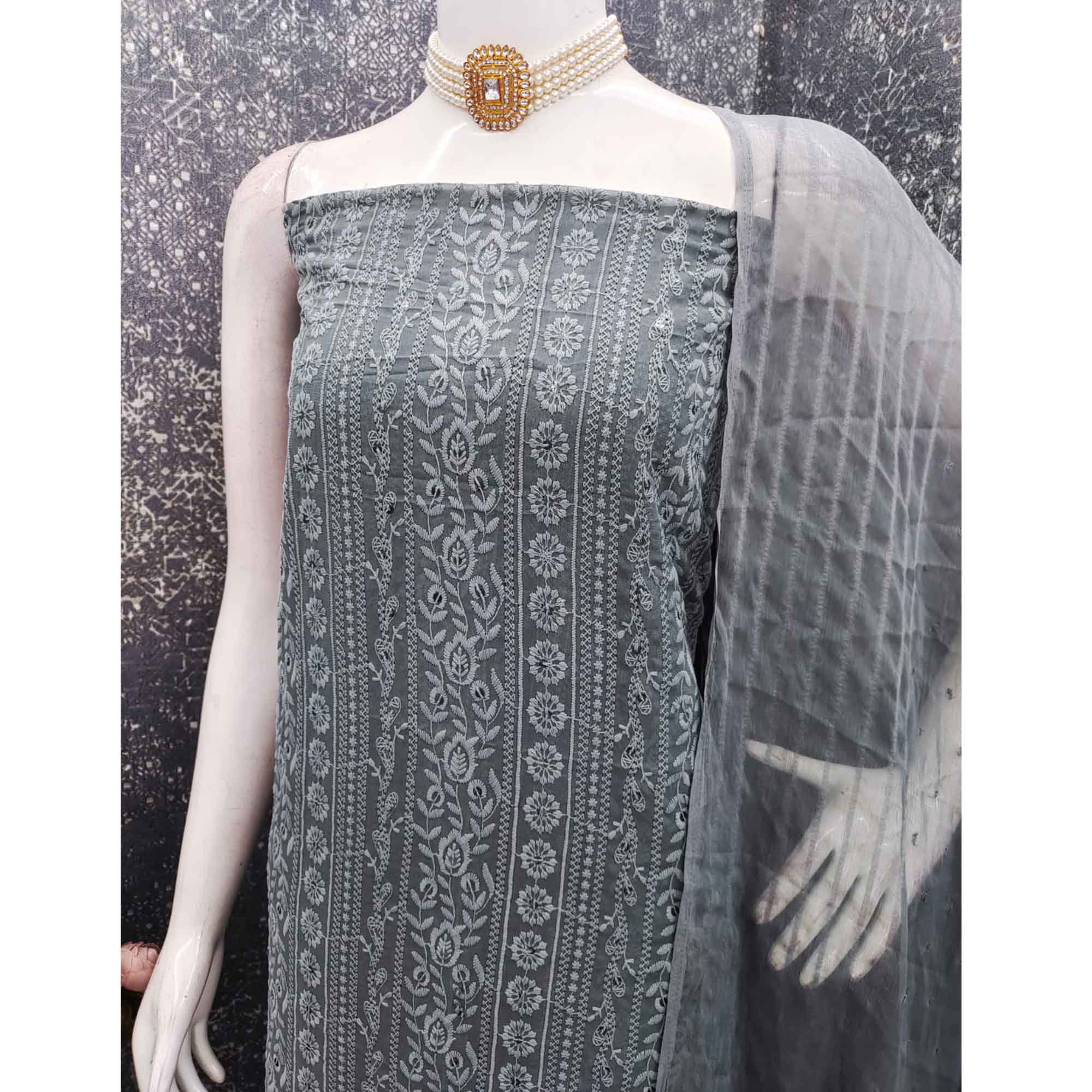 Stunning Grey Floral Embroidery With Sparkling Sequins Work Georgette Dress Material