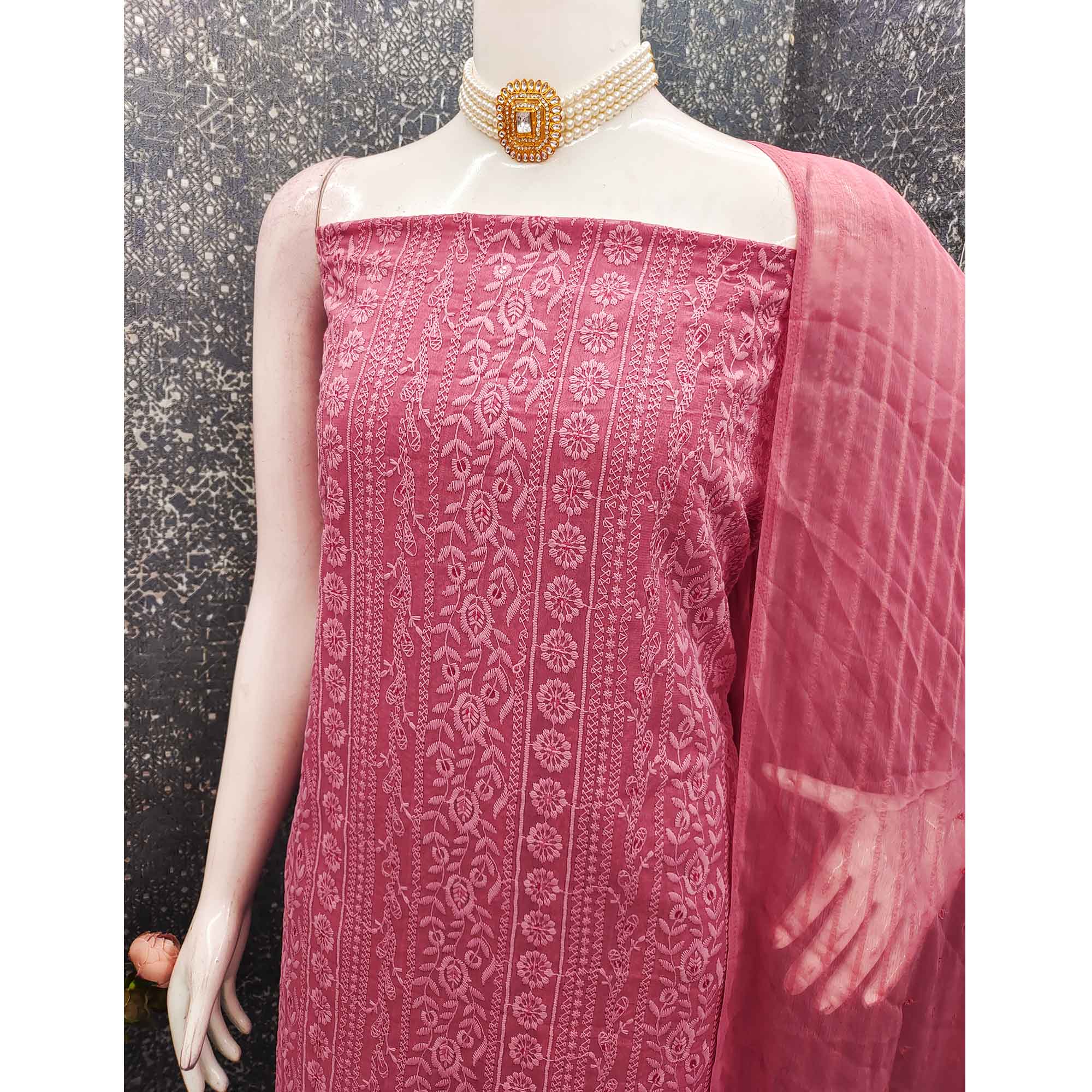 Stunning Rani Pink Floral Embroidery With Sparkling Sequins Work Georgette Dress Material