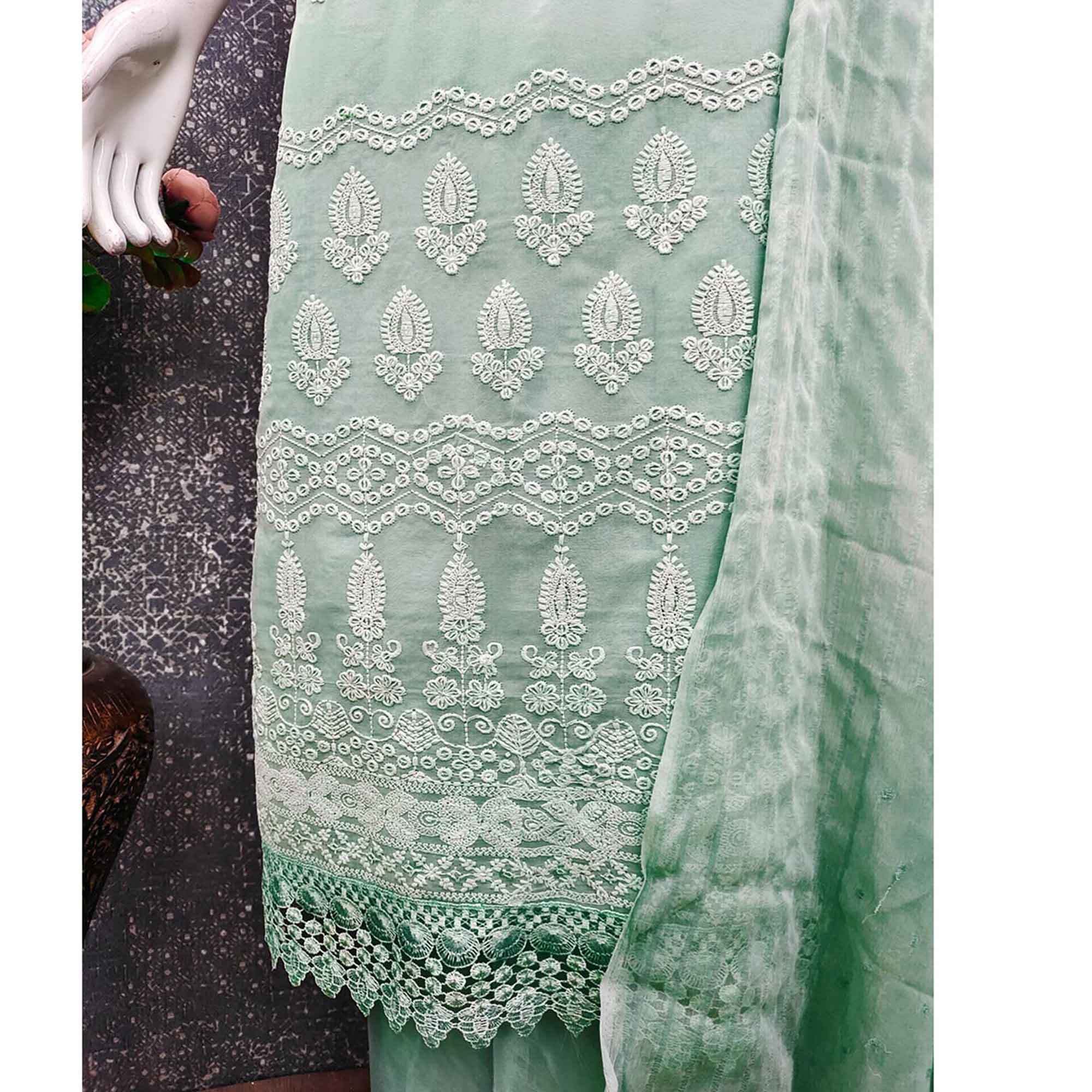 Stunning Sea Green Floral Embroidery With Sparkling Sequins Work Georgette Dress Material