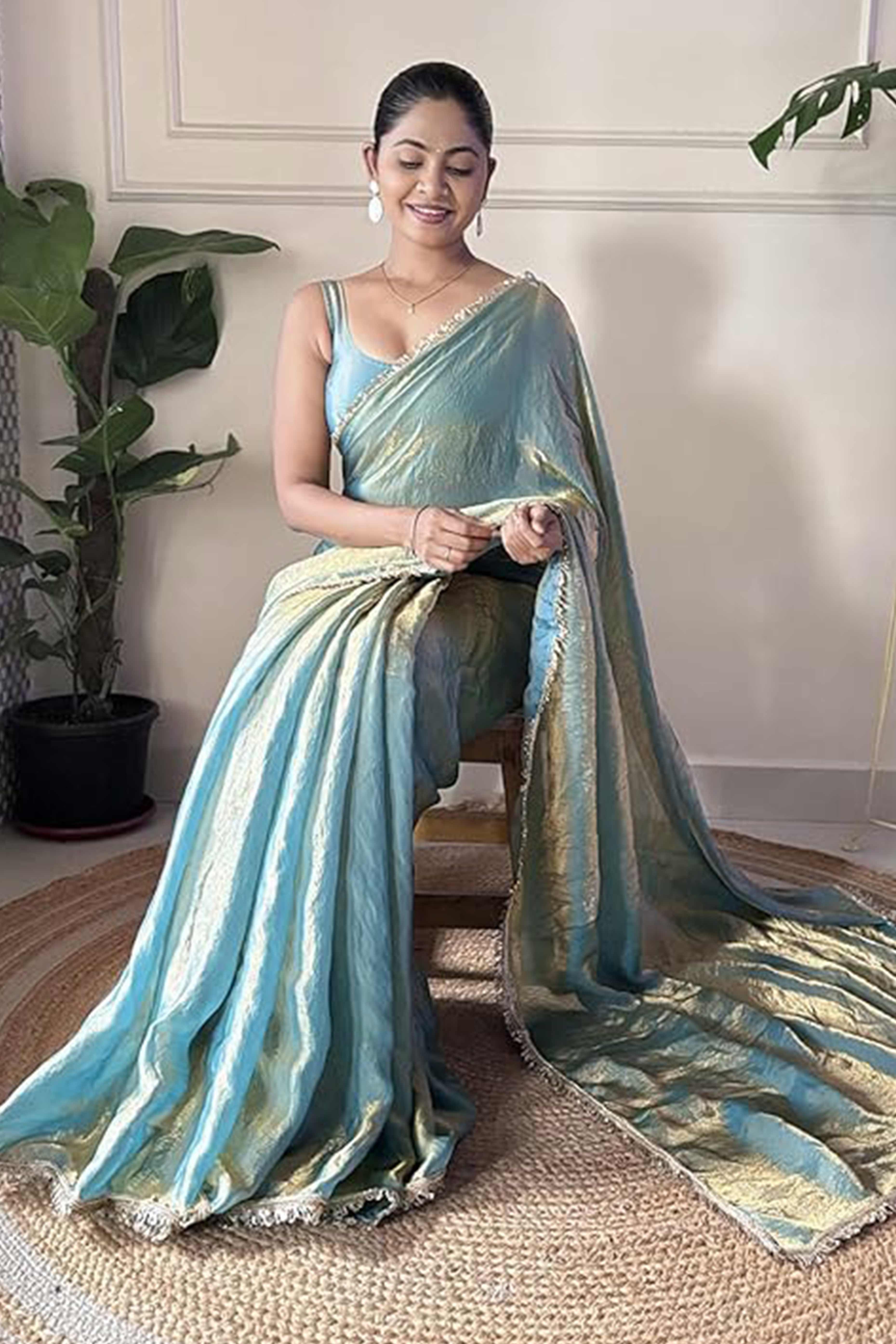 Modern Blue Organza Satin Silk Saree With Refined Lace Border For Elegant Occasions