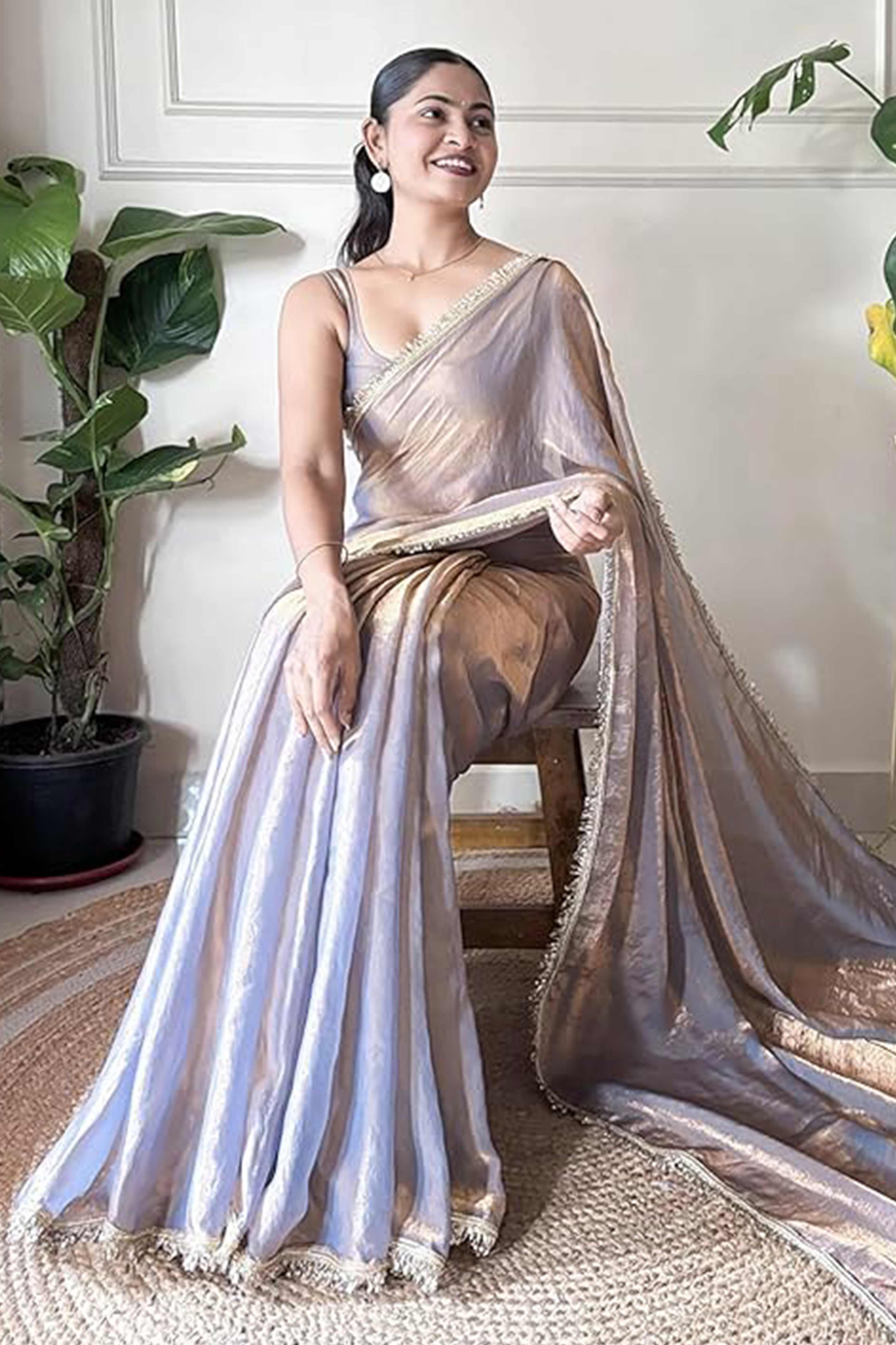 Modern Lavender Organza Satin Silk Saree With Refined Lace Border For Elegant Occasions