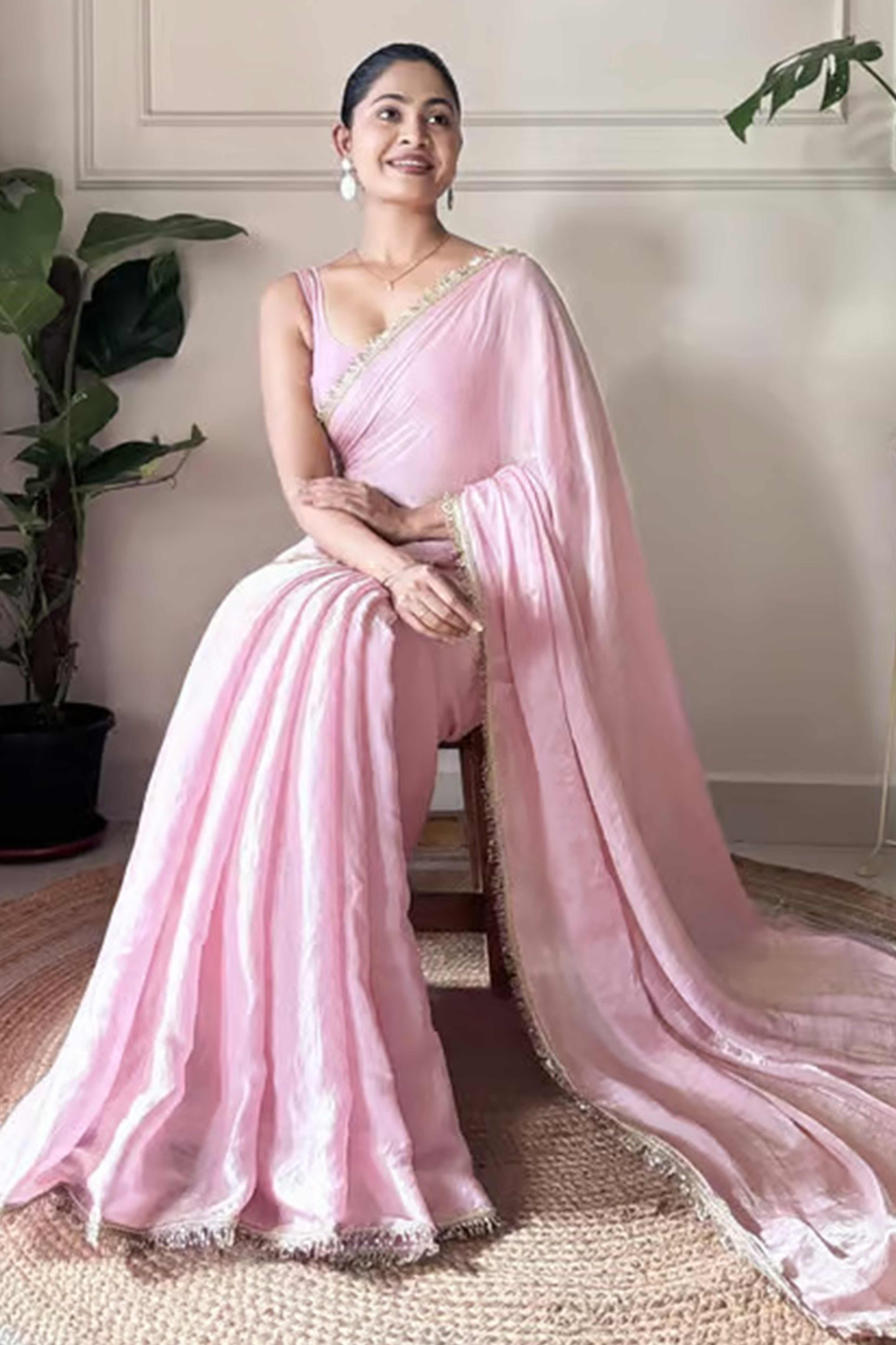 Modern Pink Organza Satin Silk Saree With Refined Lace Border For Elegant Occasions