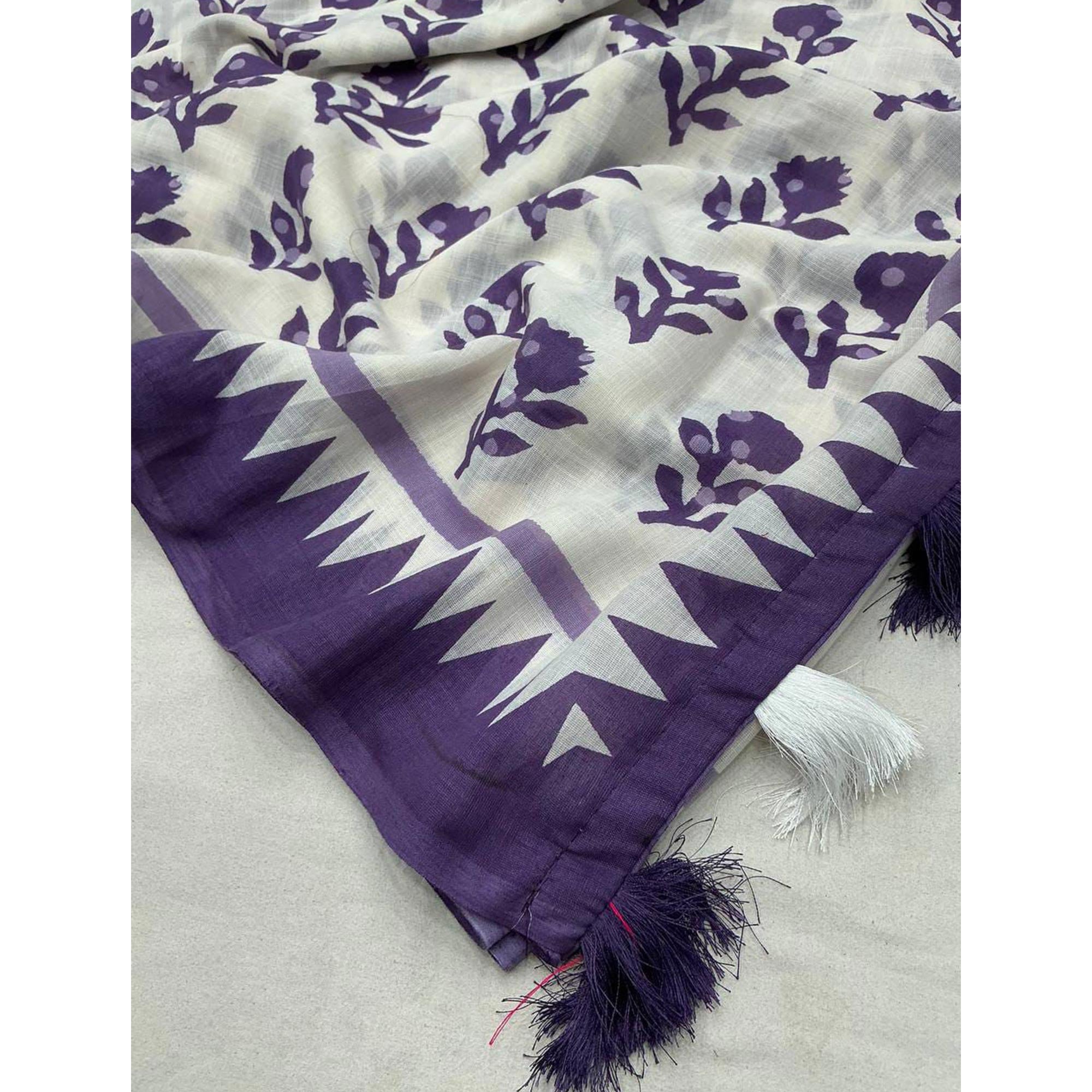 Lightweight White & Purple Floral Print Linen Saree Perfect Blend of Comfort and Style