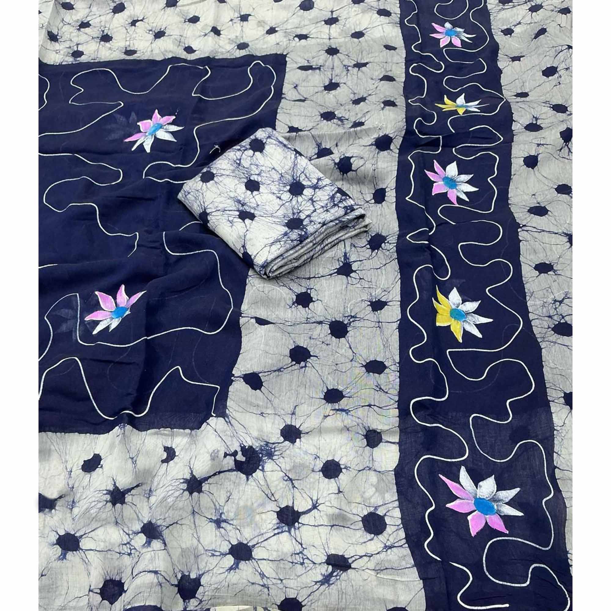 Blue Floral Handprinted Linen Saree for Graceful Ethnic Occasions