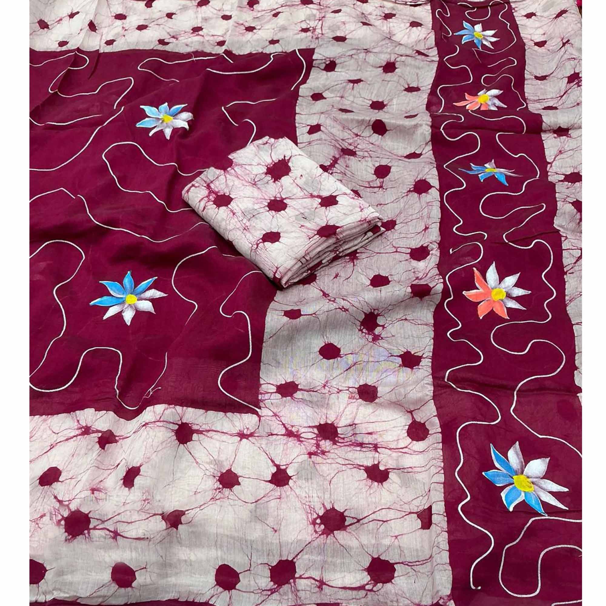 Pink Floral Handprinted Linen Saree for Graceful Ethnic Occasions