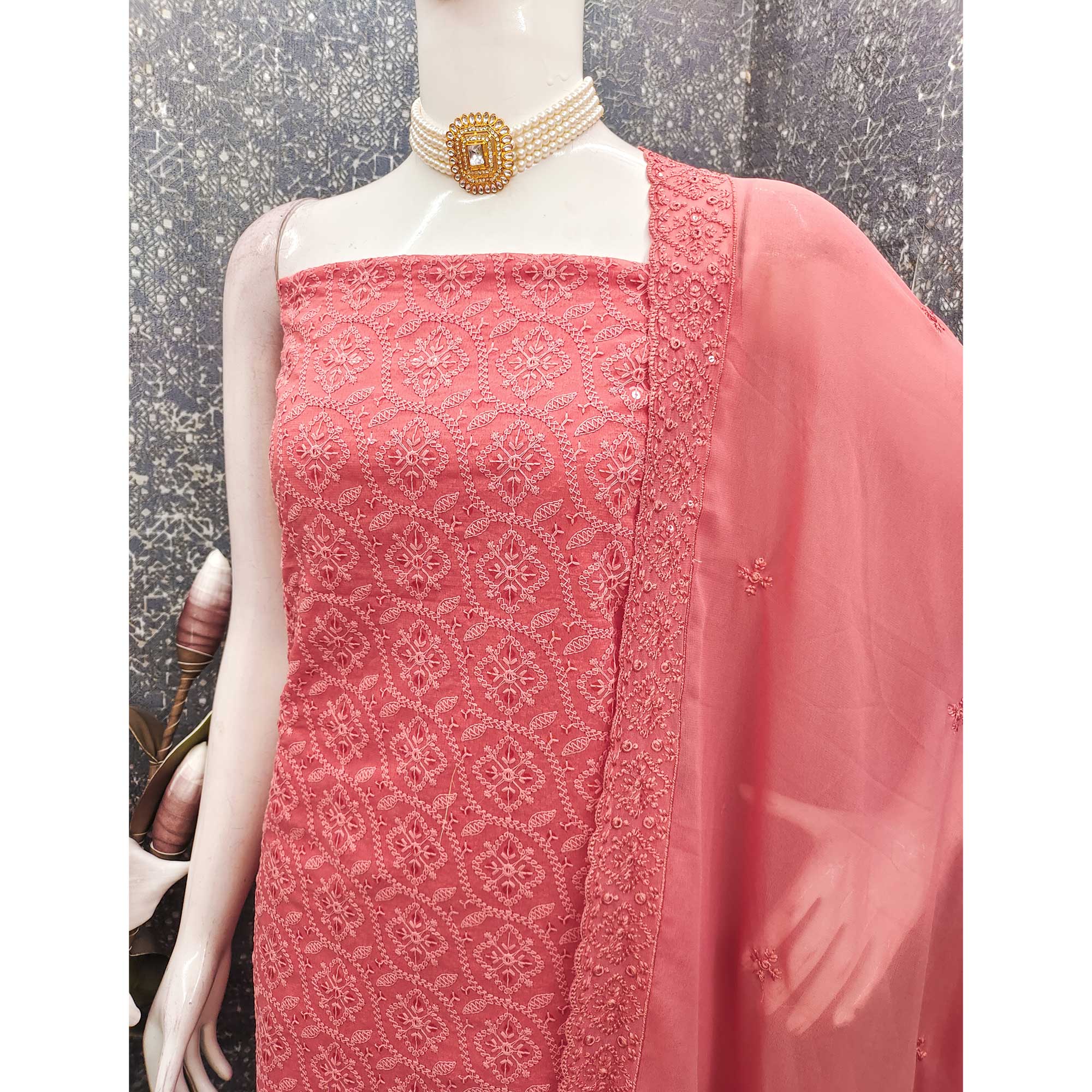 Stunning Coral Pink Floral Embroidery With Sparkling Sequins Work Georgette Dress Material