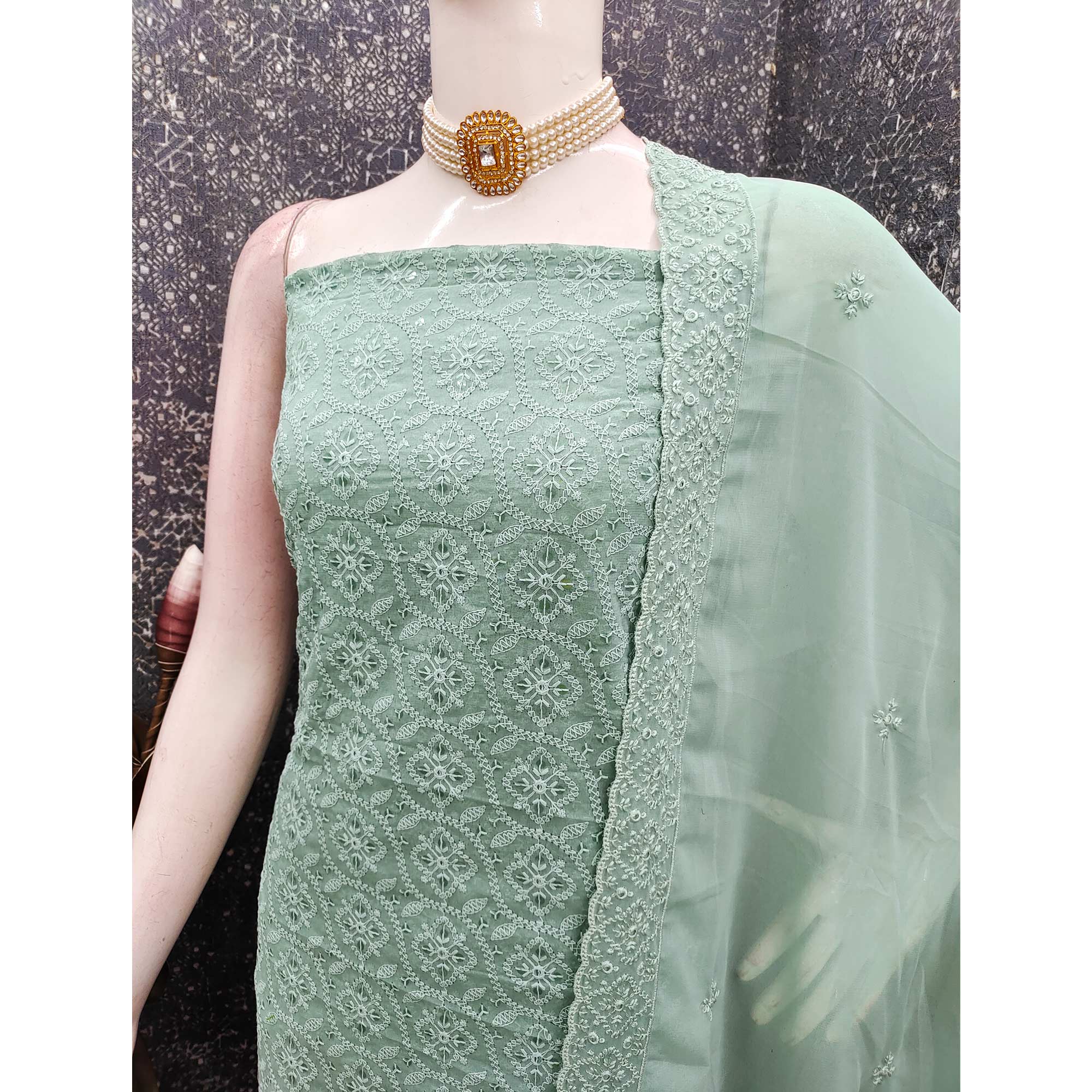Stunning Ice Green Floral Embroidery With Sparkling Sequins Work Georgette Dress Material