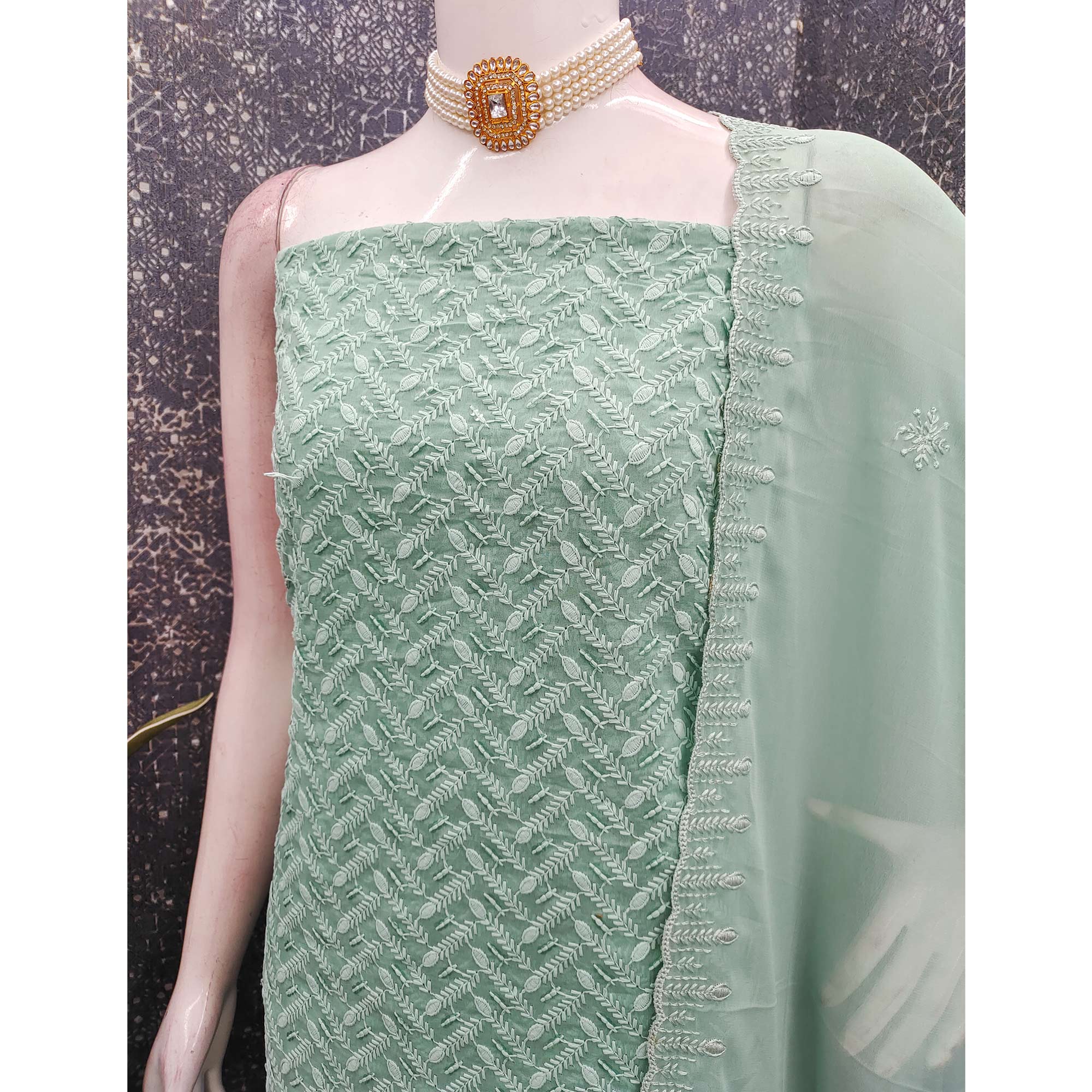 Lightweight Sage Green Georgette Dress Material Adorned with Beautiful Floral Embroidery