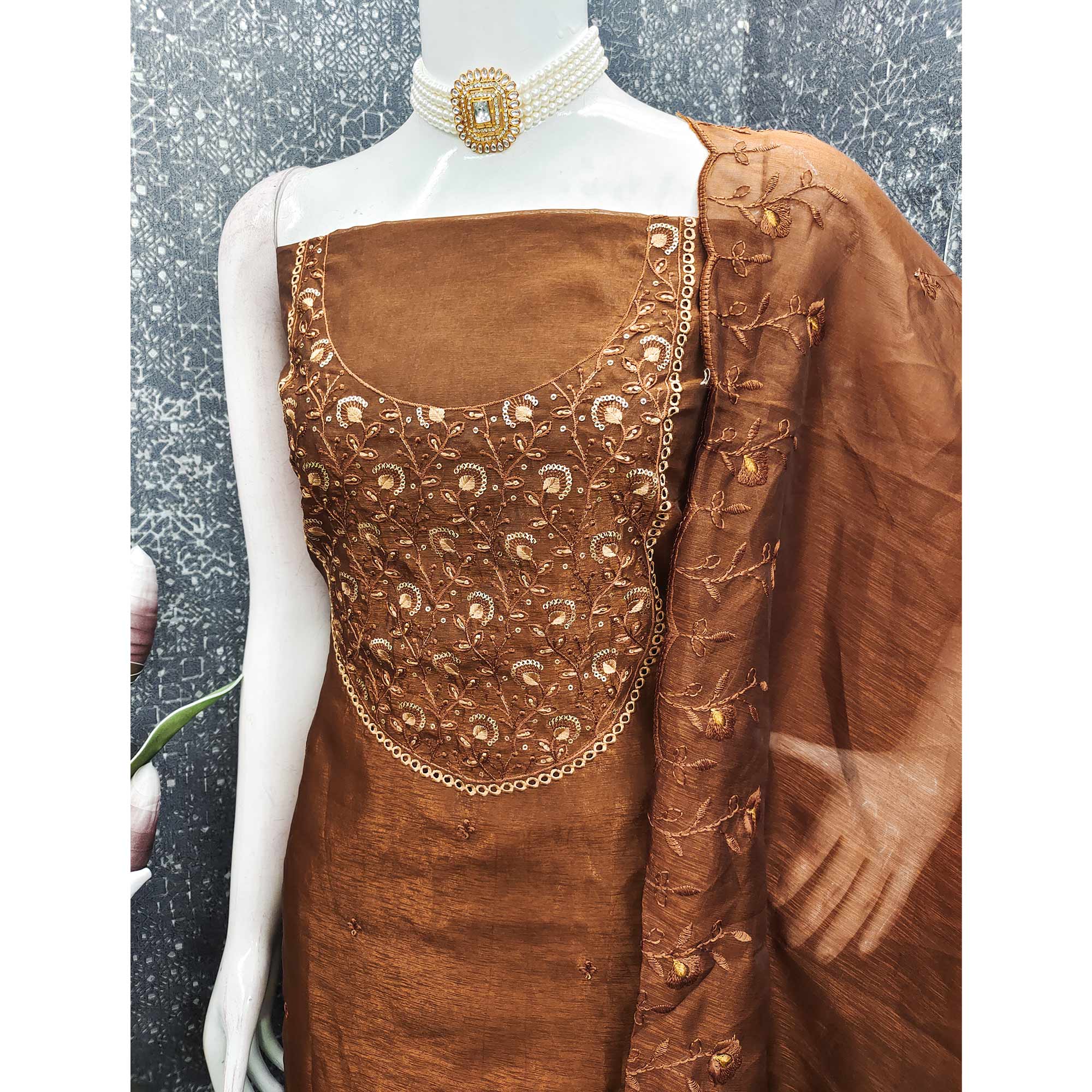 Beautiful Brown Art Silk Unstitched Suit Material Decorated with Fine Floral Embroidery Work