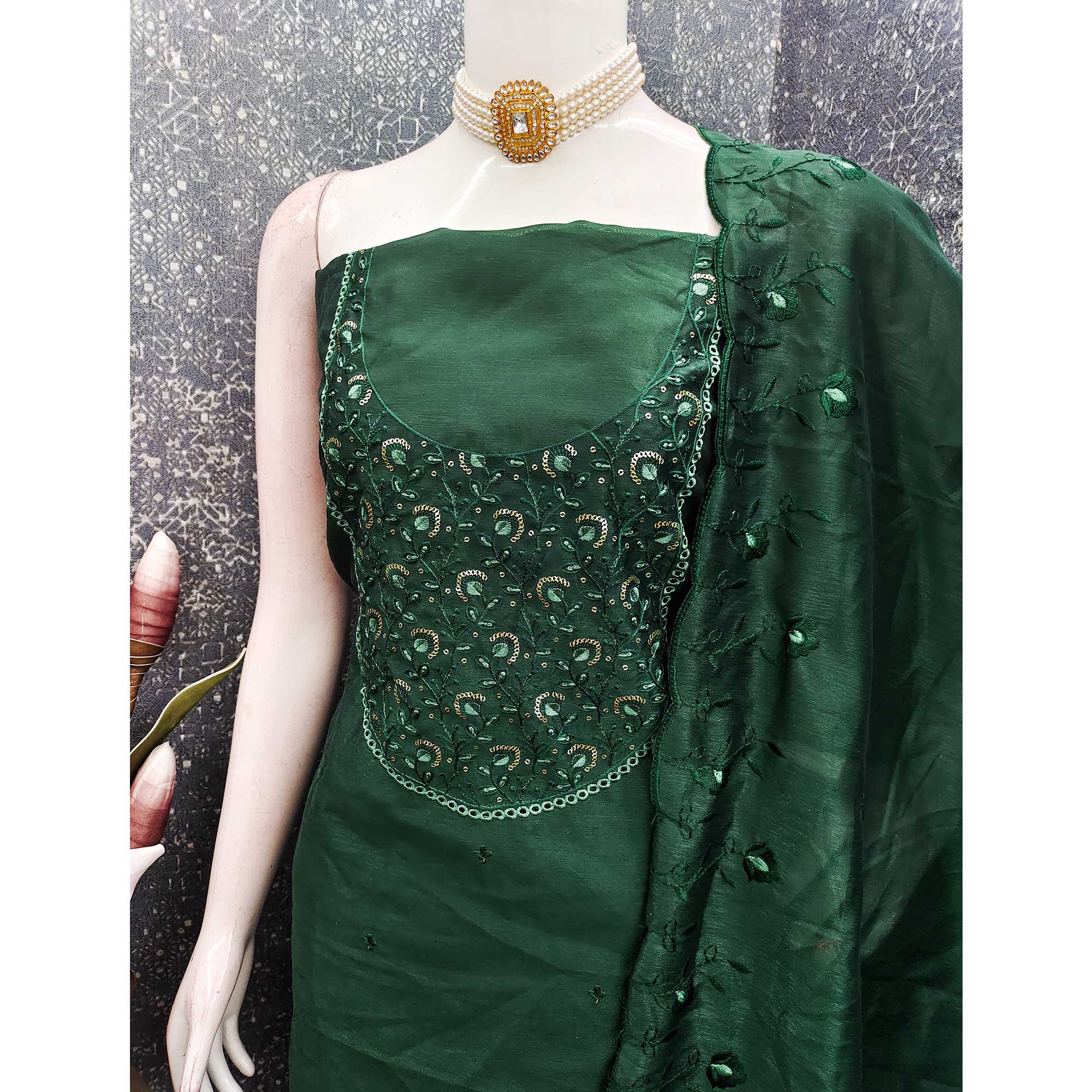 Beautiful Green Art Silk Unstitched Suit Material Decorated with Fine Floral Embroidery Work